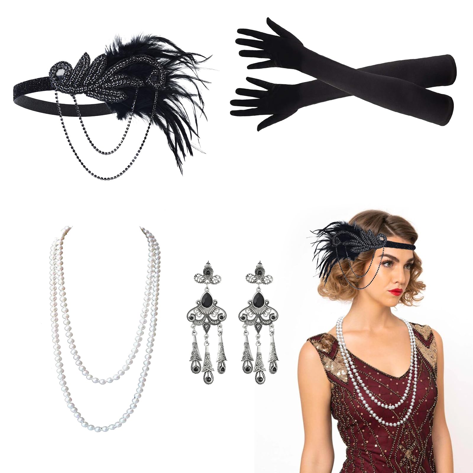 1920er Gatsby Kostüm Zubehör Set – 6-teilig Mit Stirnband, Halskette, Fächer & Handschuhen