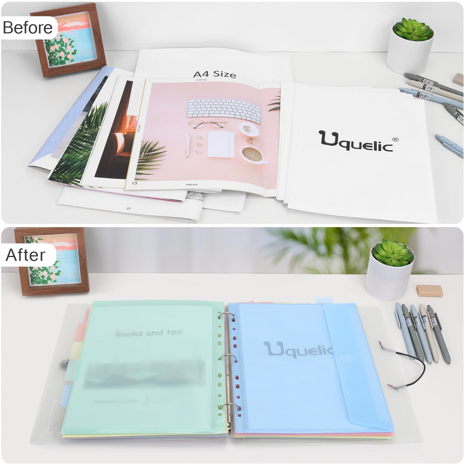 Uquelic Classeur avec Pochettes Perforées pour Documents Format A4 - Pochette Plastique, Trieur Document Pochette Plastique A4 avec Rabat - Maison/Bureau (Transparents Macarons)