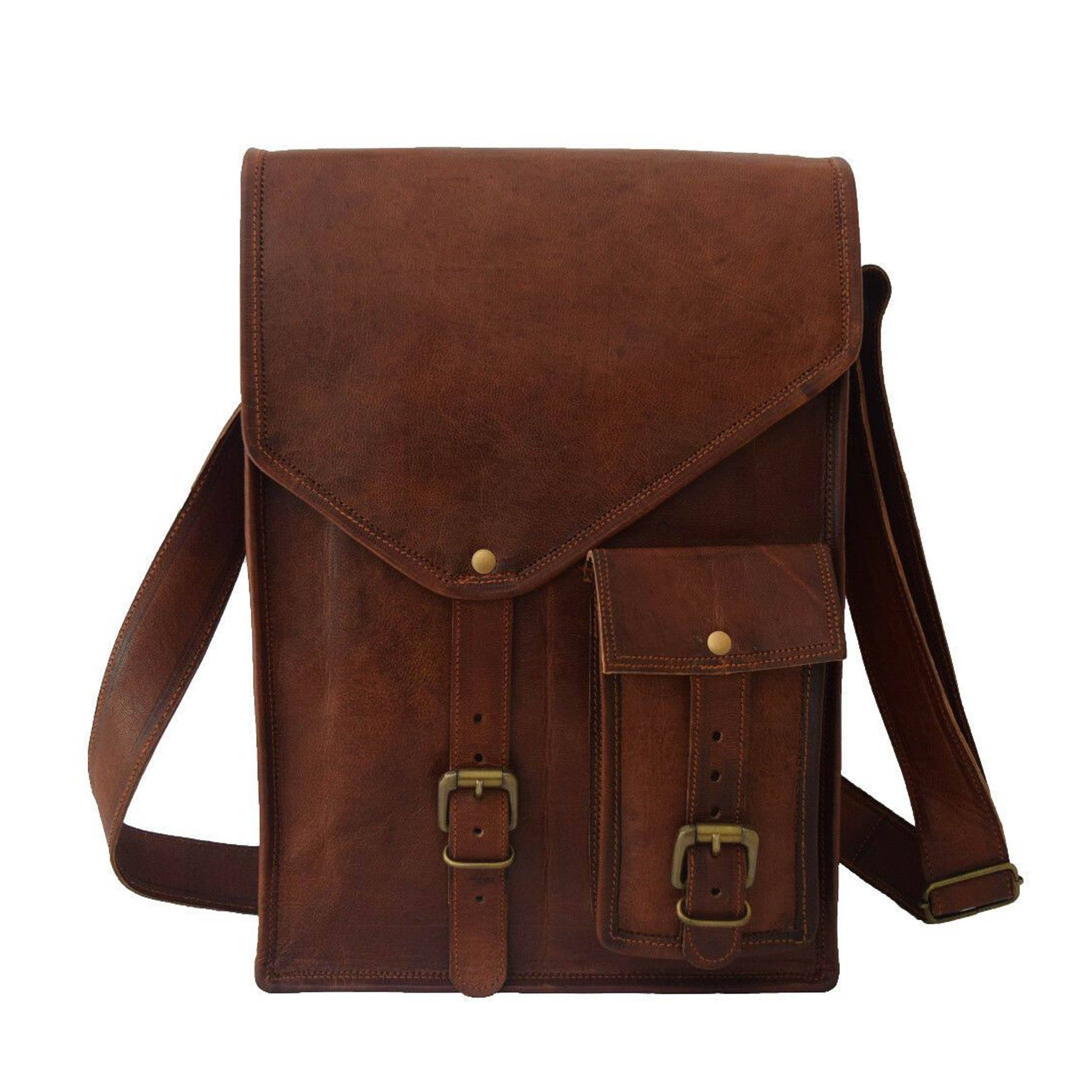 Barnett Crossbody Shoulder Bag for Men & Women – Vintage Brown Full-Grain Goat Leather Messenger Bag for Tablets, iPads & Small Laptops – Water-Resistant Tablet Shoulder Bag with Brass Hardware - 11"-image-16