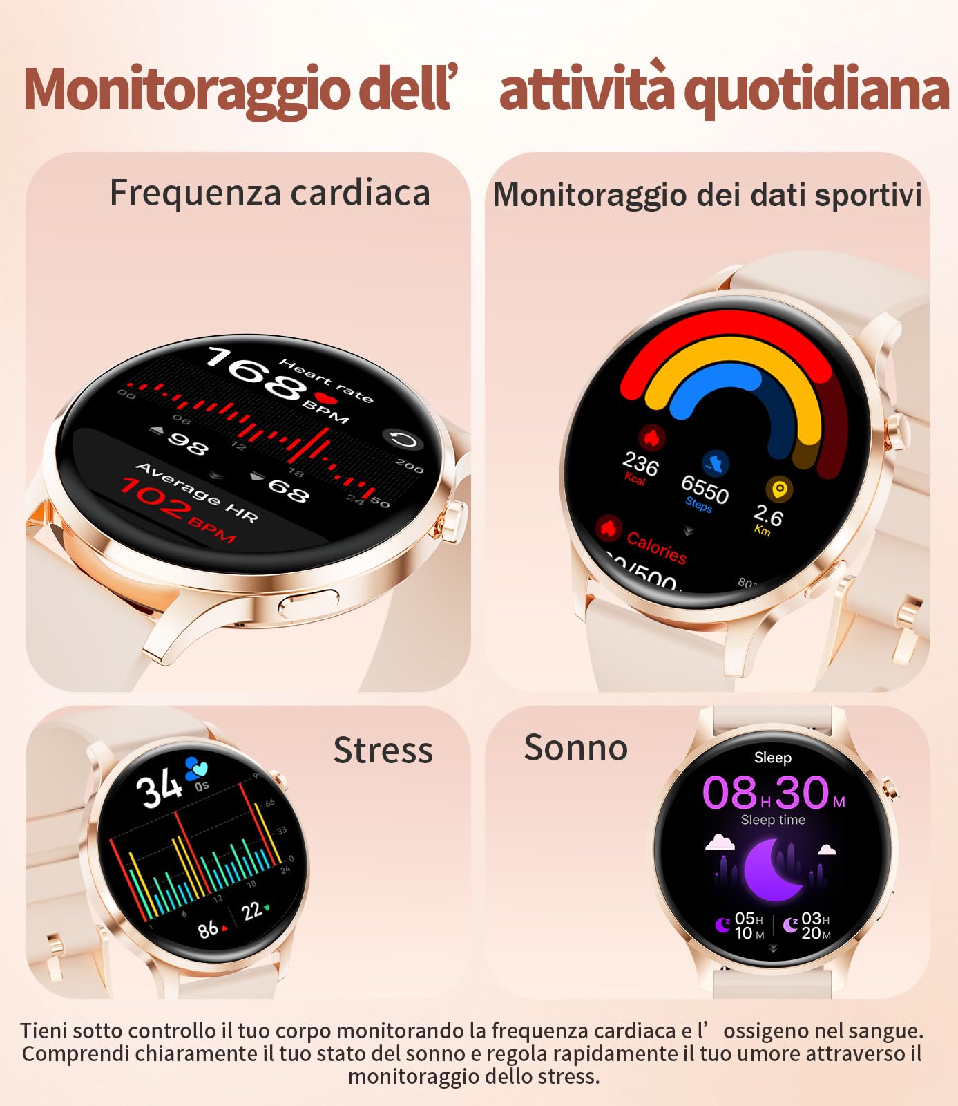 Smartwatch Donna, 1.32" AMOLED Orologio Intelligente Donna con Chiamate Bluetooth, 100+ Modalità Sportive Fitness Tracker con 2 Cinturini, Podometro, Smart Watch per Android iOS (Oro rosa)