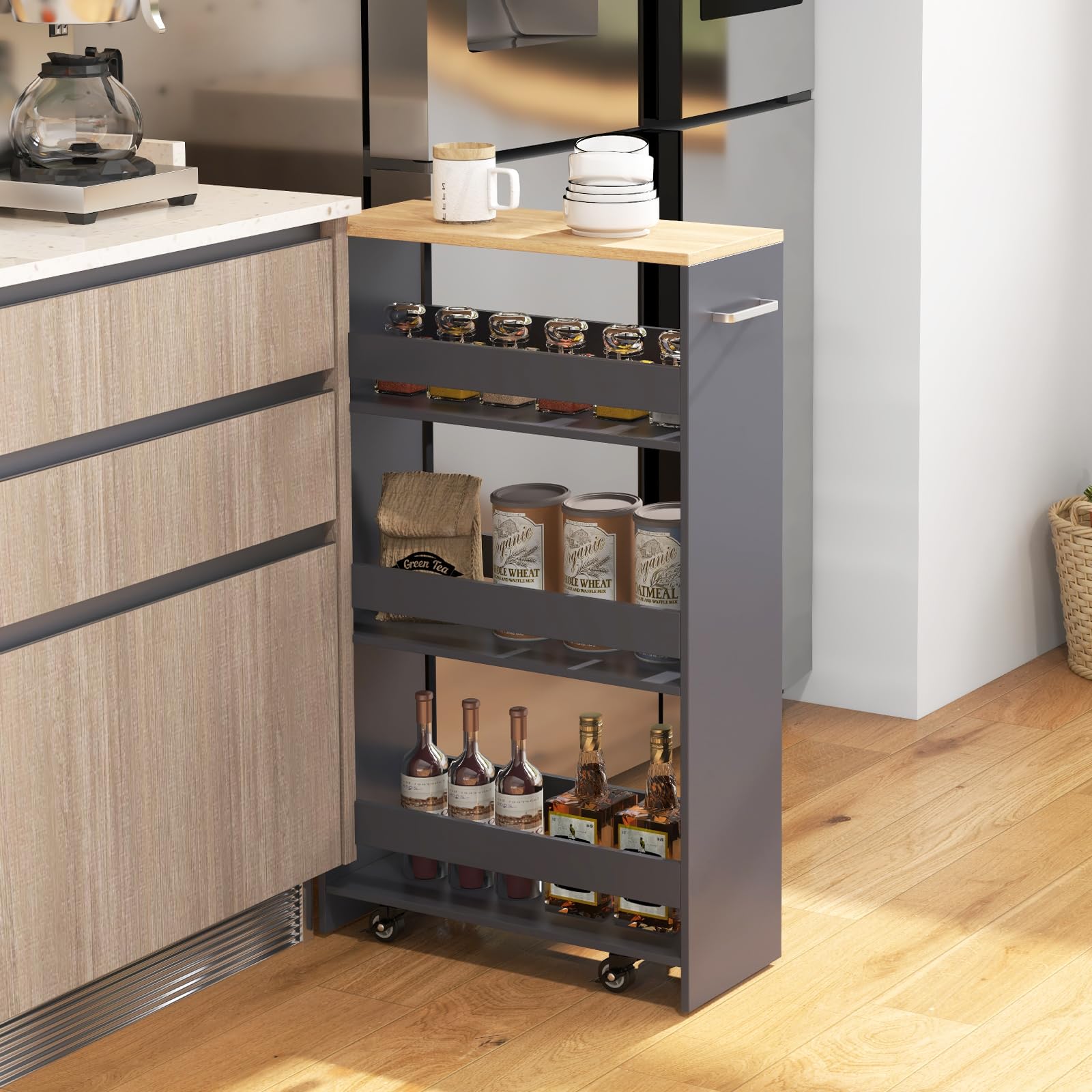 FANTASK Nischenregal 20 cm Breit, 47,5 x 20 x 80,5 cm, schmal Küchenregal mit Griff & Geländern, Badregal auf Rollen, 4 Etagen Nischenschrank für Küche, Badezimmer (Dunkelgrau) Küche, Haushalt & Wohnen