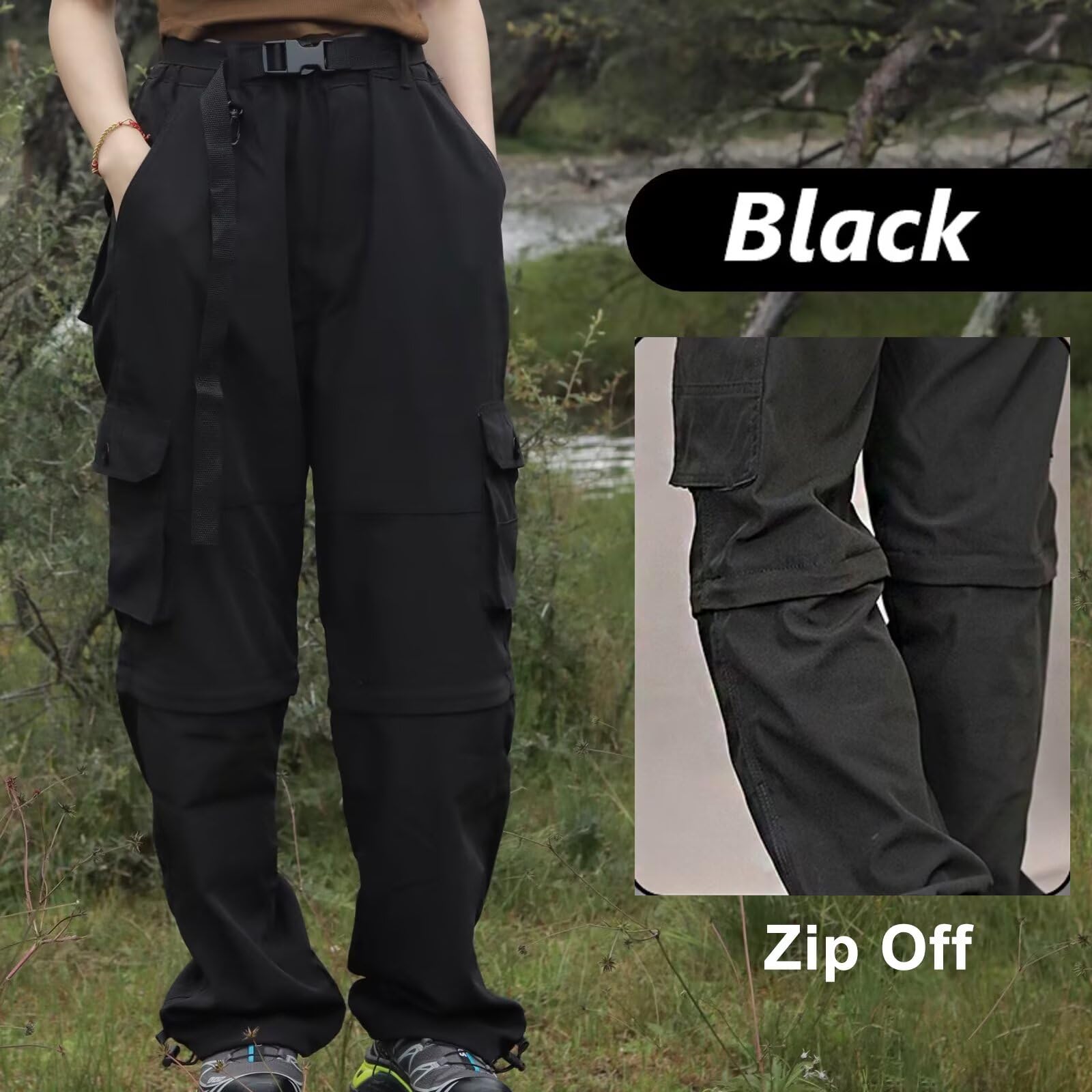 Damen Wanderhose Zip Off Hose Outdoorhose Schnelltrocknend Trekkinghose Abnehmbare Hosenbeine Shorts Atmungsaktiv Cargohose Sommer Hiking Pants Funktionshose mit Gürtel 6 Taschen