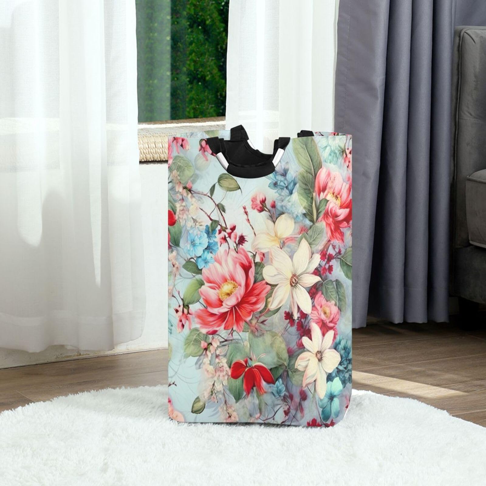 Jihqo Laundry Hamper Basket Red Floral Collapsible Nursery Storage Bin Waterproof Clothing Baskets for Home Bedroom Bathroom Washing Room