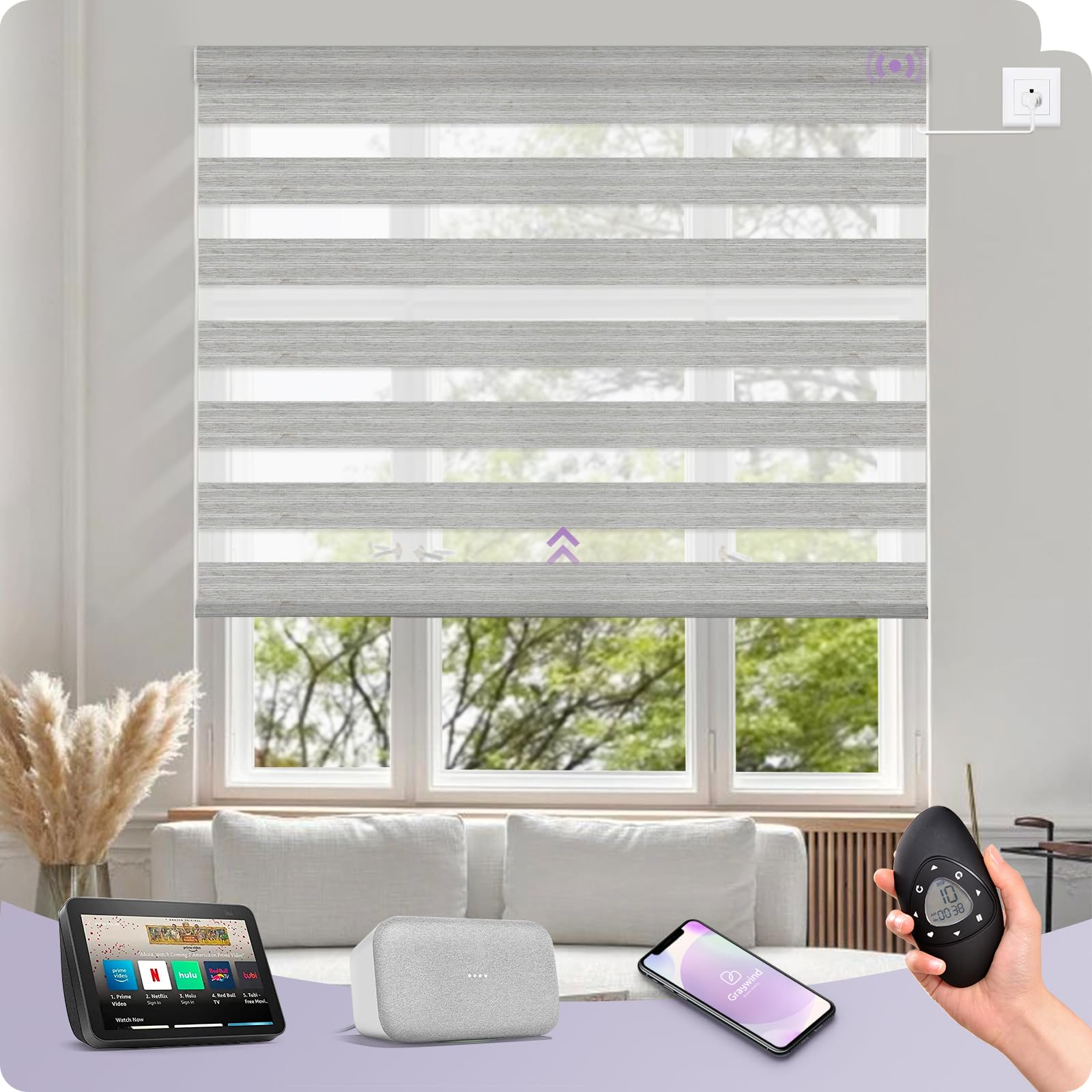Graywind Motorized Zebra Blinds Compatible with Alexa Google WiFi Hardwired Smart Horizontal Blind Remote Light Filtering Electric Window Shades with Valance, Customized Size (Linen Weave Gray)