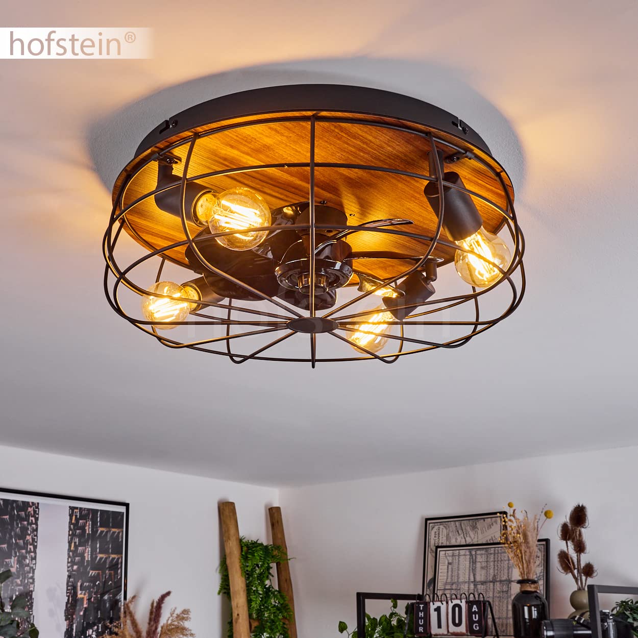 Ventilatore da soffitto Moscavide, ventilatore in metallo/plastica in nero/look legno/marrone con telecomando, plafoniera con spot orientabili, 4 x E27 IP20, senza lampadina/e
