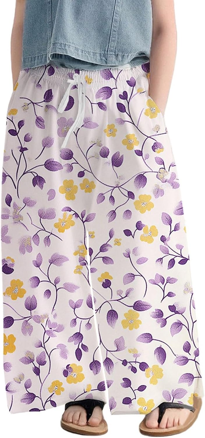 Girls Floral Print Palazzo Pants High Waisted Boho Wide Leg Culottes Lightweight Baggy Pants 𝐋ounge Beach Trousers