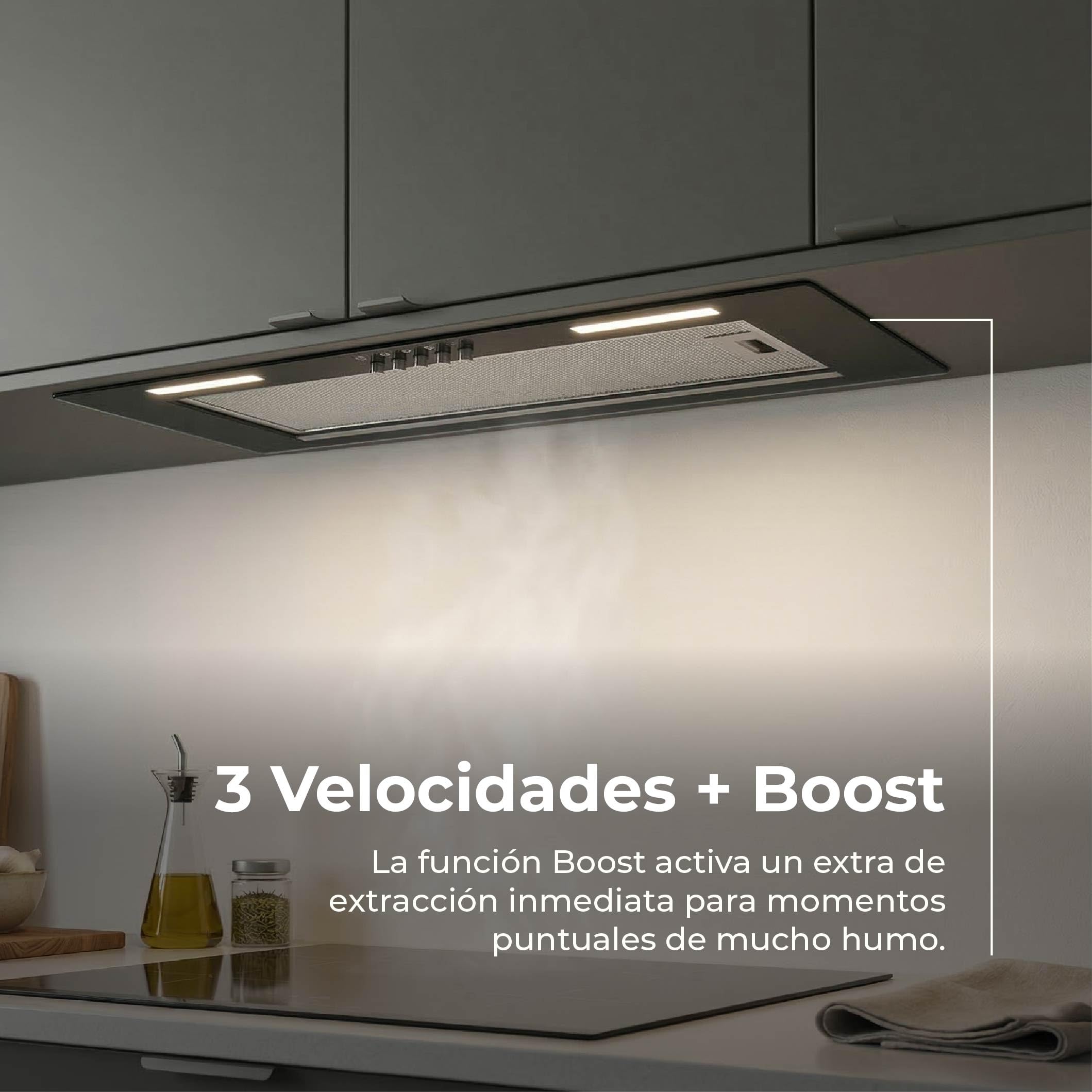 Campana Extractora 60 cm EVVO CEi50 Black - Clase A, Succión 620 m3/h, Motor 70W, Campana Extractora Integrable con Filtro de Carbón Activo y Aluminio, 3 Velocidades + Boost, Temporizador, Negra