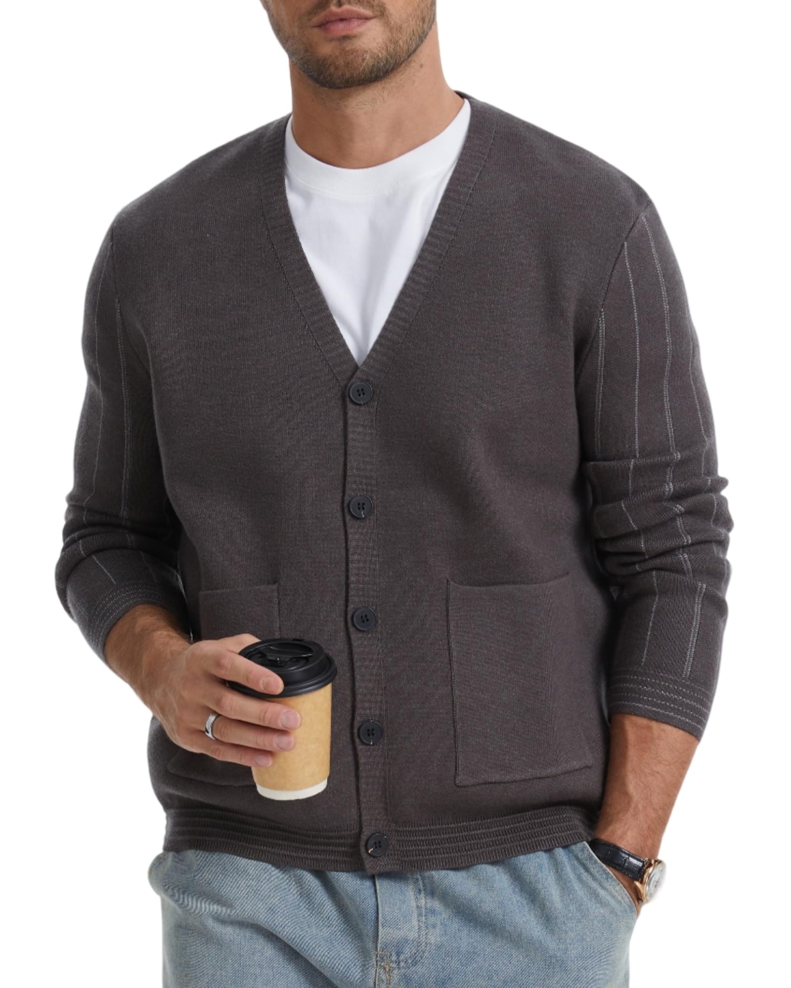 Men's Cardigan Sweater Button Front V-Neck Long Sleeve Knit Sweaters
