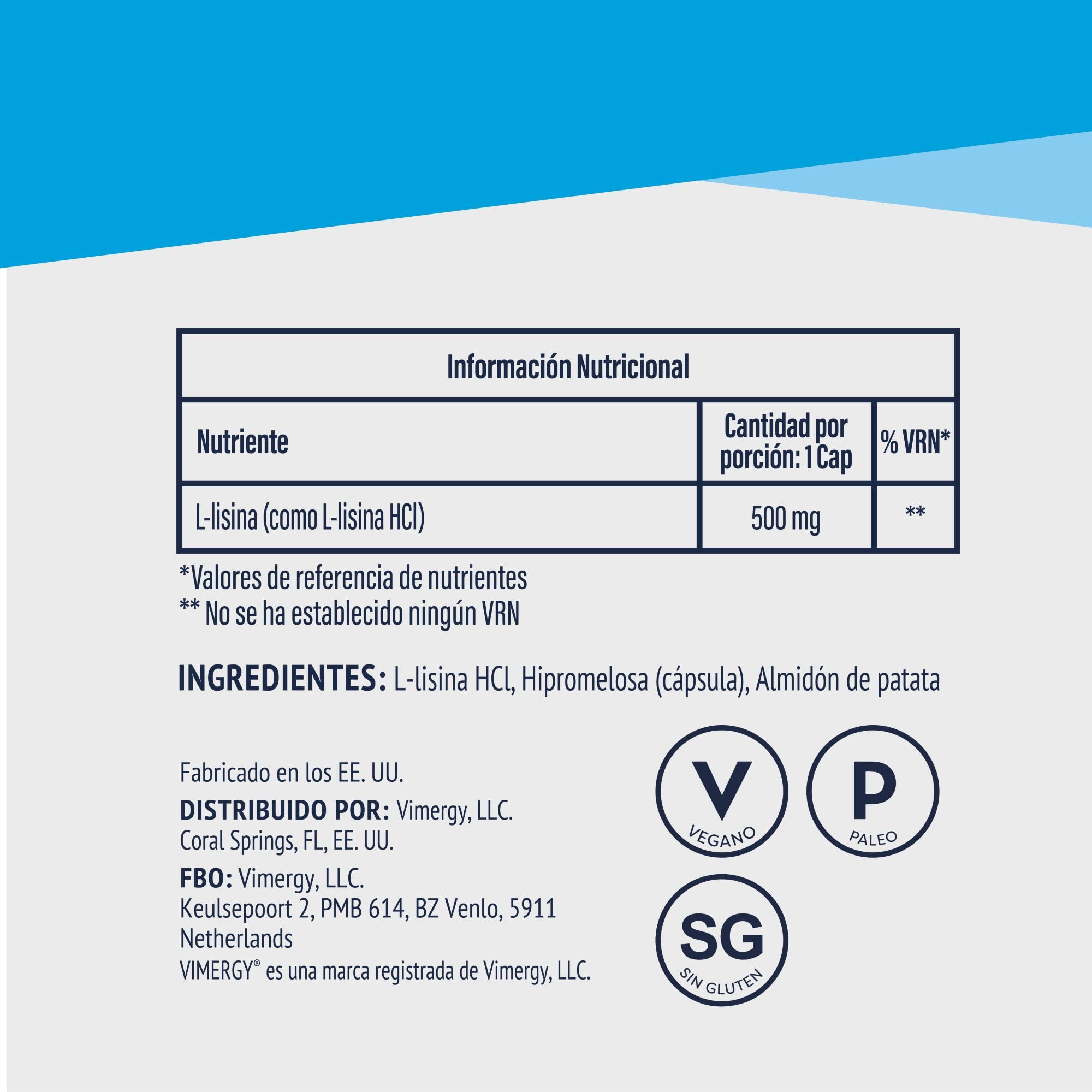 Vimergy L-Lysine – 270 Cápsulas, 1 Cápsula Diaria – L Lisina 500mg - Aminoácidos Esenciales - Cápsula Vegana sin Gelificantes – Sin OMG, Gluten ni Gelatina - Kosher