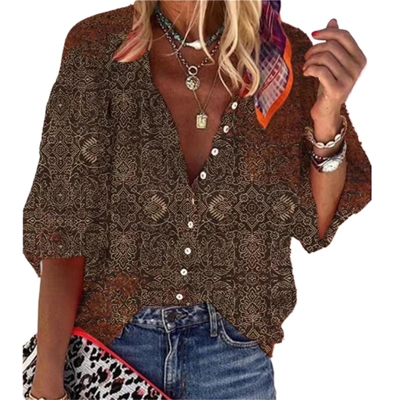 Blusas Casuales de Primavera y Verano for Mujer, Camisas con Cuello en V y Mangas 3/4 con Botones, Blusas Vintage for Mujer