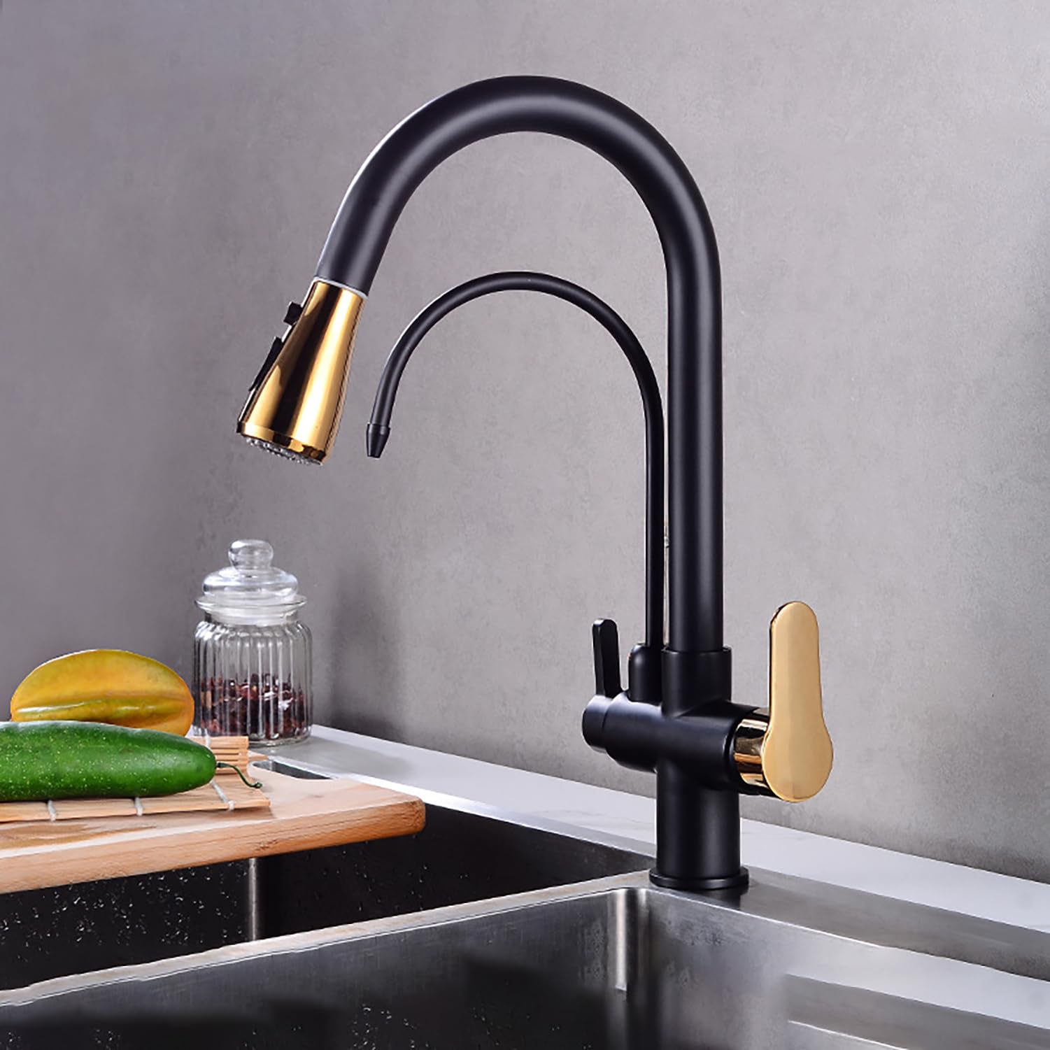MXXQRHF High Arc Kitchen Faucet with PullOut Sprayer Dual Handle Water Filter Tap for Easy Access to Filtered & Regular Water Stylish & Functional Sink Fixture