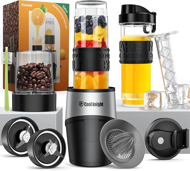 COOL KNIGHT Personal Blender, 500 Watts Bullet Blender for Shakes and Smoothies, 10-Piece Kitchen Blender Set with 20oz Sports Mug, Grinder Cup, 2 to-go lid, Freezer Rod and lemon squeezer,BPA free (Black-Silver)