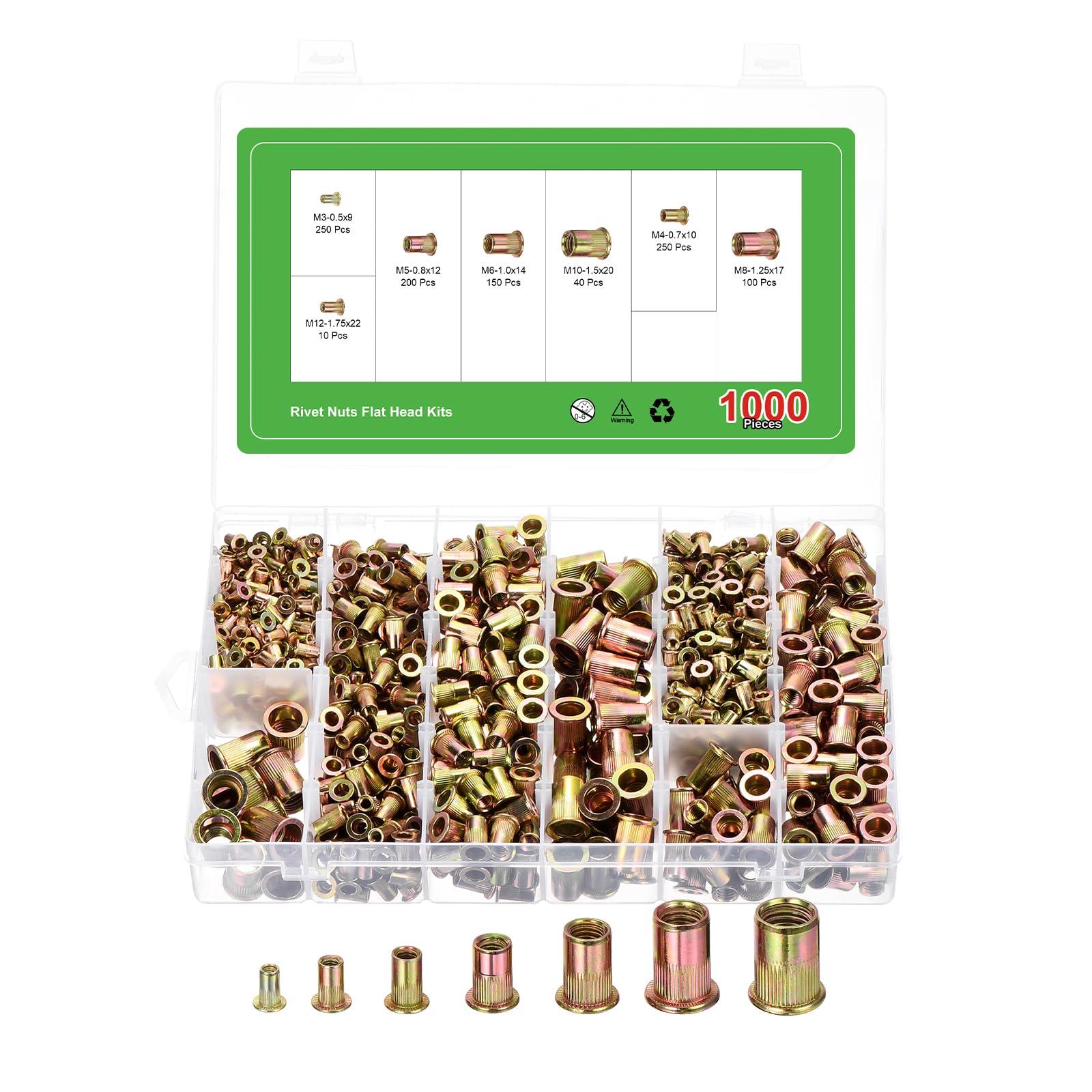 QUARKZMAN 1000 Piezas De Tuerca De Remache Cabeza Plana M3 M4 M5 M6 M8 M10 M12 De Acero Al Carbono Con Cuerpo Moleteado Y Acabado En Zinc