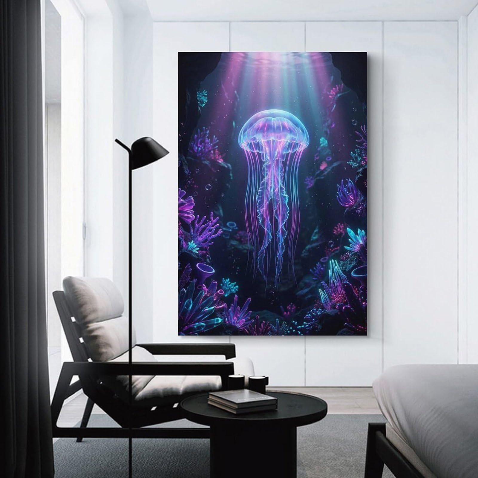 Junmoney Decorative Canvas Print Bioluminescent Jellyfish in Coral Reef, 16x24inch(40x60cm), for Living Room, Bedroom Or Home Office, Home Decor Gift with Stylish Appeal