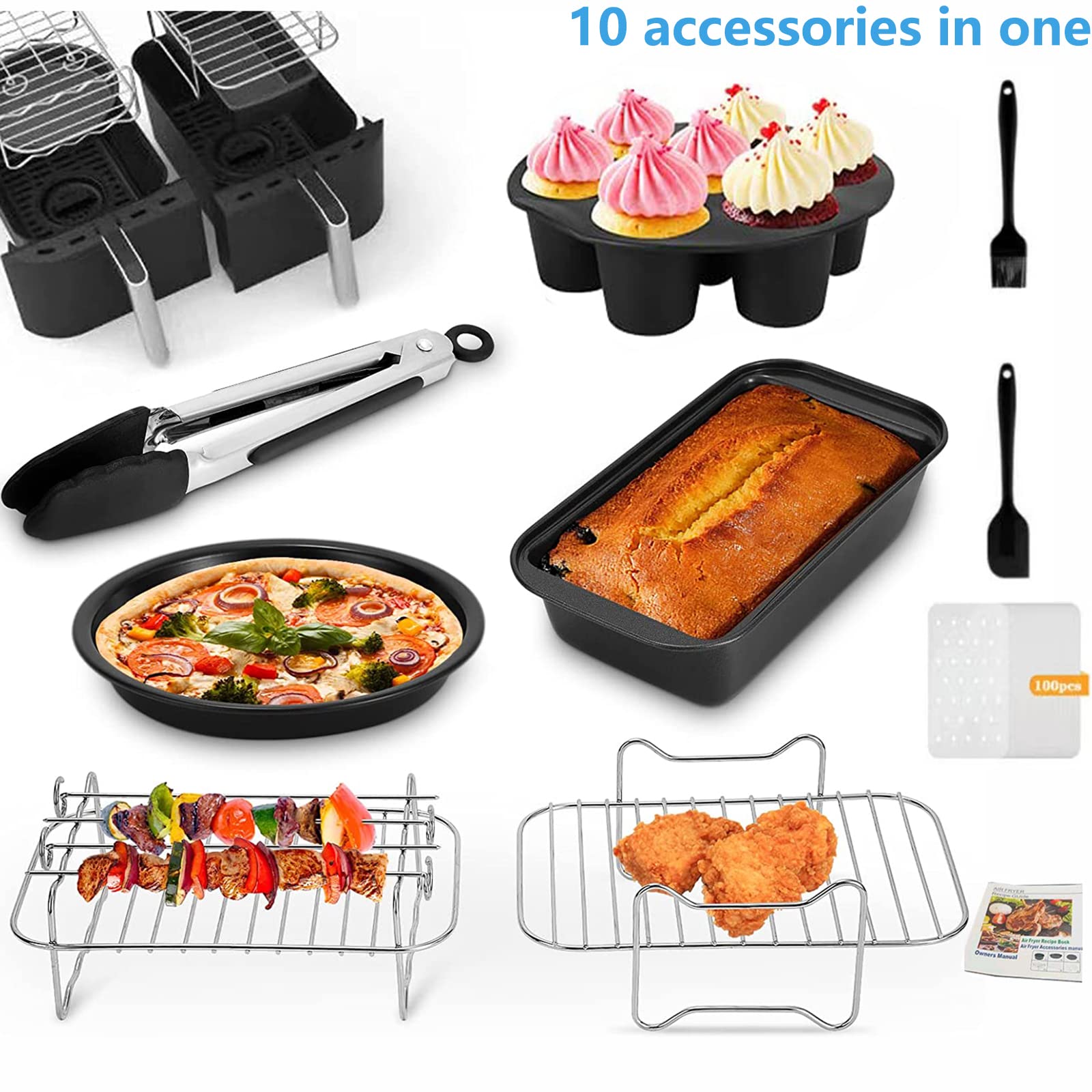 Set di accessori per friggitrice ad aria, set da 10 pezzi per doppio cestino, accessorio antiaderente per friggitrice ad aria con teglia, pizza, rack multistrato, spiedino, stampo per morso d'uovo,