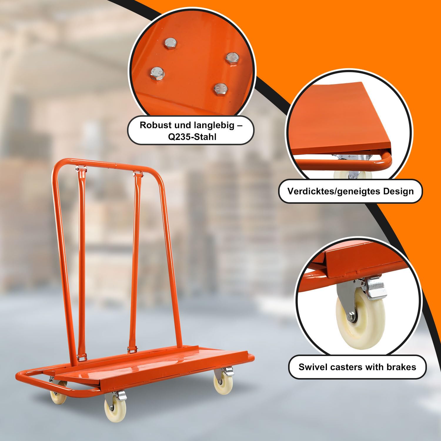 Plattenkarren bis 1000 kg, Plattentransportwagen 120 x 56 x 115 cm aus Stahl, Plattformwagen Transporthilfe Handwagen von Trockenbauwänden, Holz-und Gipskartonplatten