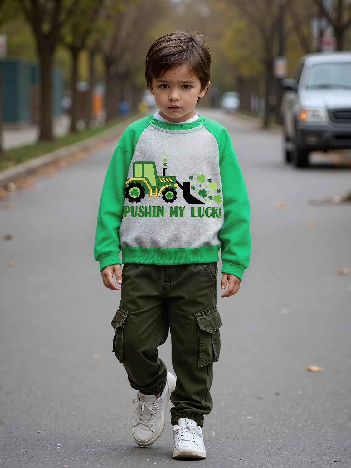 Kids St Patricks Day Sweatshirt Girls Boys Patrick's Shamrock Clover Monster Truck Tractor Toddler Shirt Long Sleeve