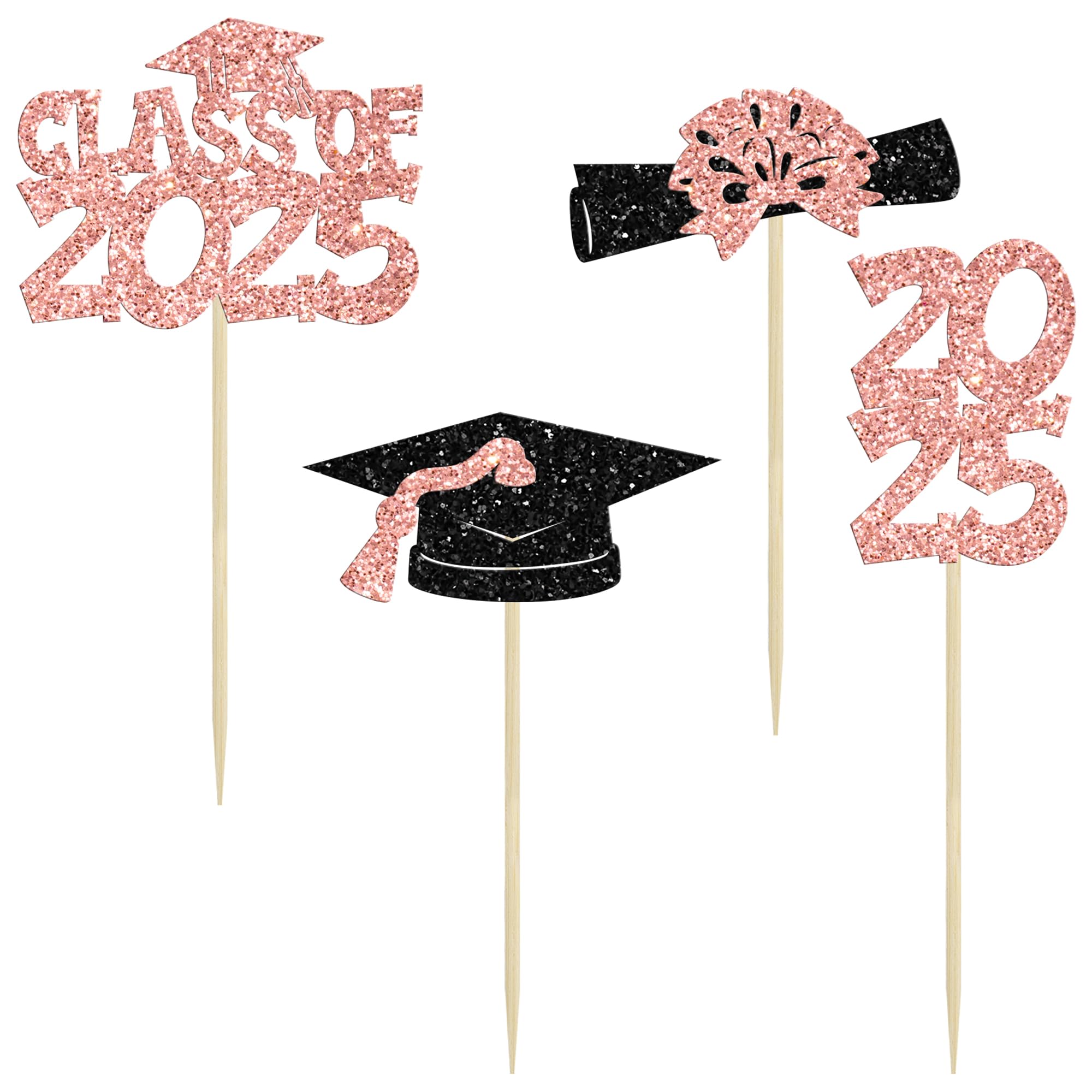 Ephlyn 36Pcs 2025 Graduation Theme Cupcake Toppers Glitter Class of 2025 Congrats Grad Diploma Graduation Cap Cupcake Picks for 2025 Graduation Theme Party Cake Decorations Supplies Rose Gold - Image 3