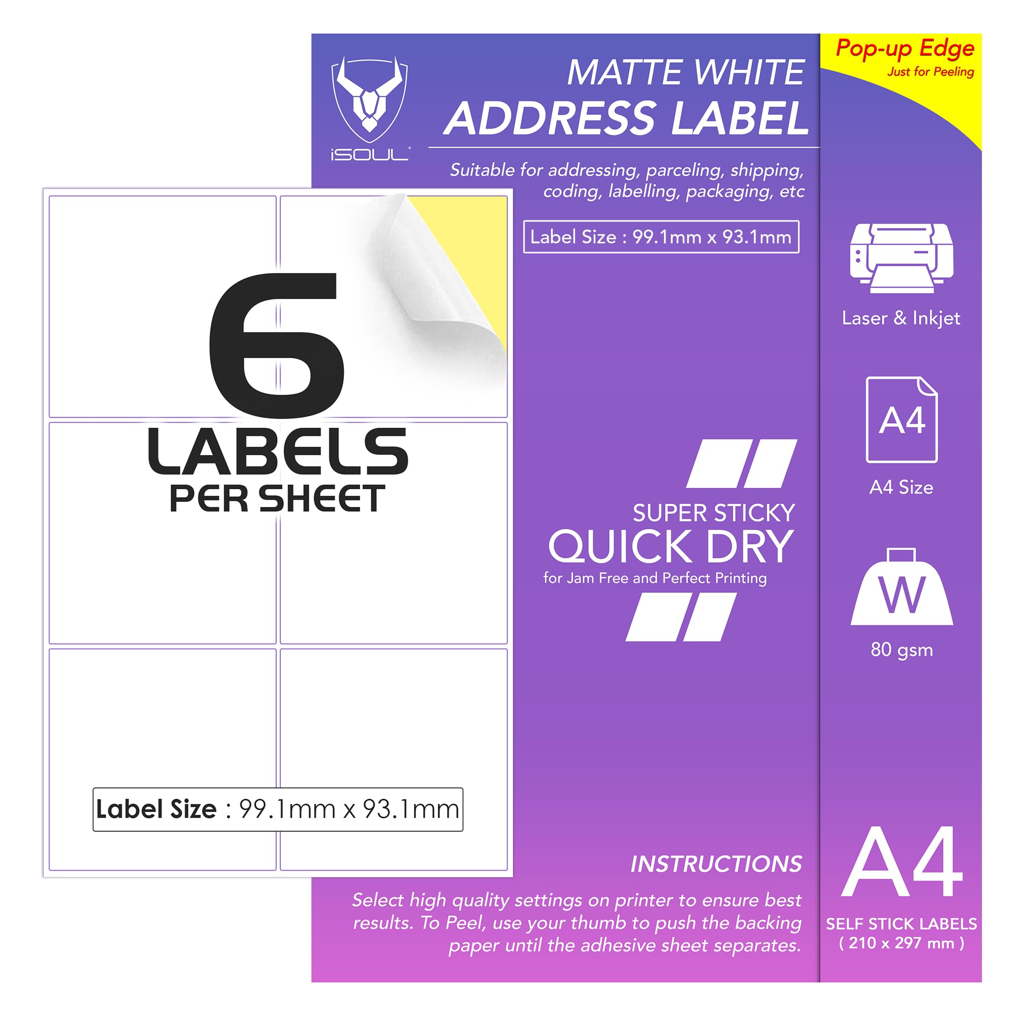 6 Labels Per A4 Sheet, 50 Sheets 300 Sticky Label, Printable Sticker Paper, iSOUL Matte Self Adhesive Address Mailing, Shipping, Postage, Laser & Inkjet Printer Compatible [Quickdry] — image 1