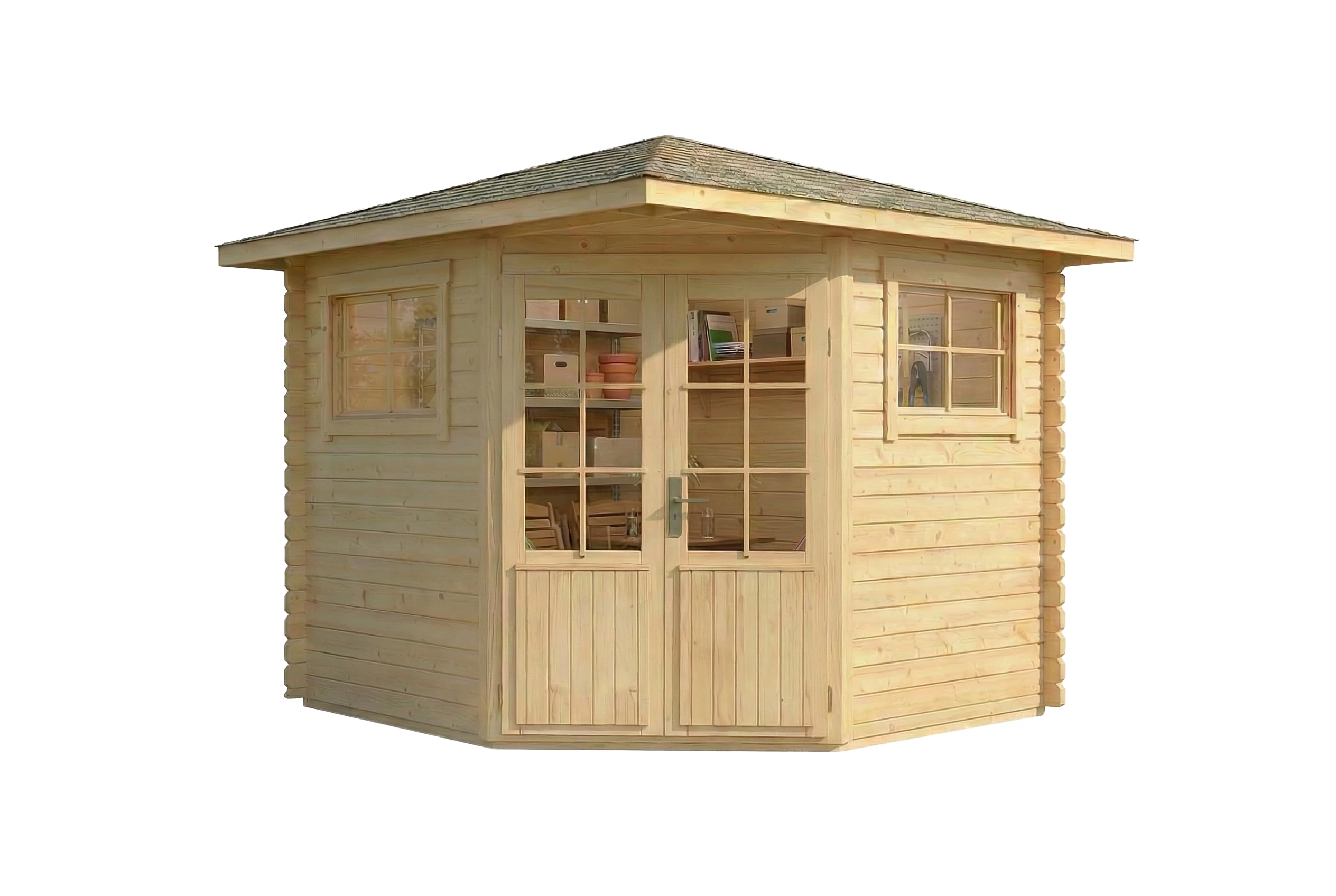 Alpholz 5-Eck Gartenhaus Sunny-B 269x269cm Naturbelassen 28mm Wandstärke