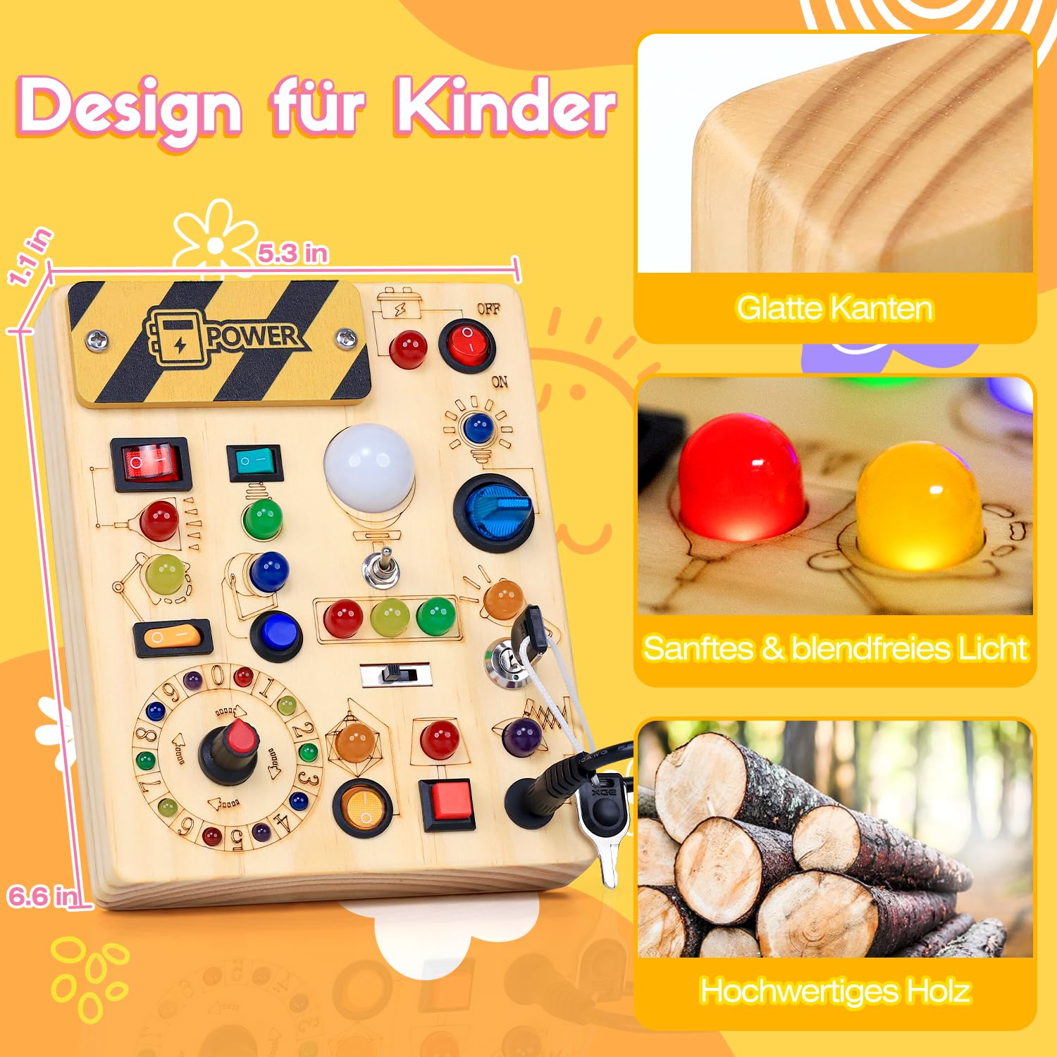 Montessori Spielzeug Busy Board ab 1 Jahr Activity Board aus Holz | Motorikspielzeug mit, 13 Schaltern 24 LED-Leuchten, Lernspielzeug für Kinder 1-3 Jahre Baby Spielzeug, Geschenk für
