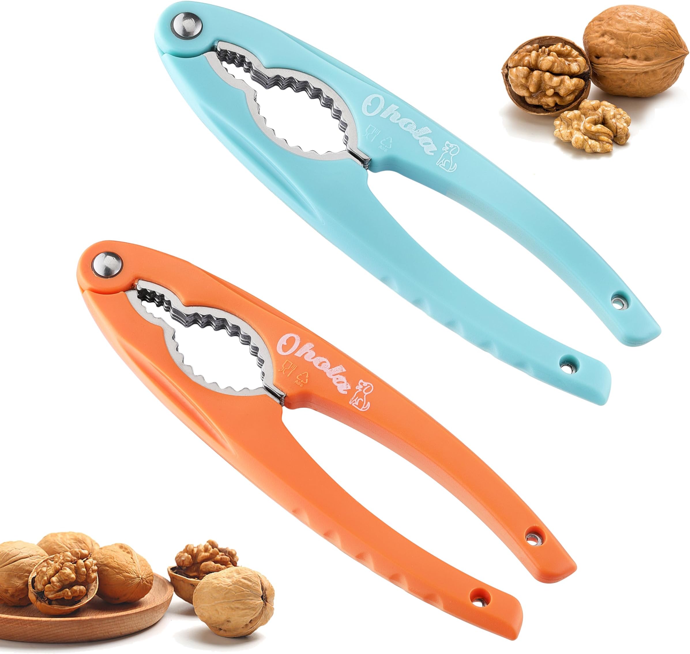 2PCS NutCracker, OHOLA Stainless Steel Nut Crackers for All Nuts, Nutcracker Tool for Walnet, Pencan, Chestnut, Crab, Lobster and More, Ergonomic Handle (Stylish Pattern, Orang + Blue)