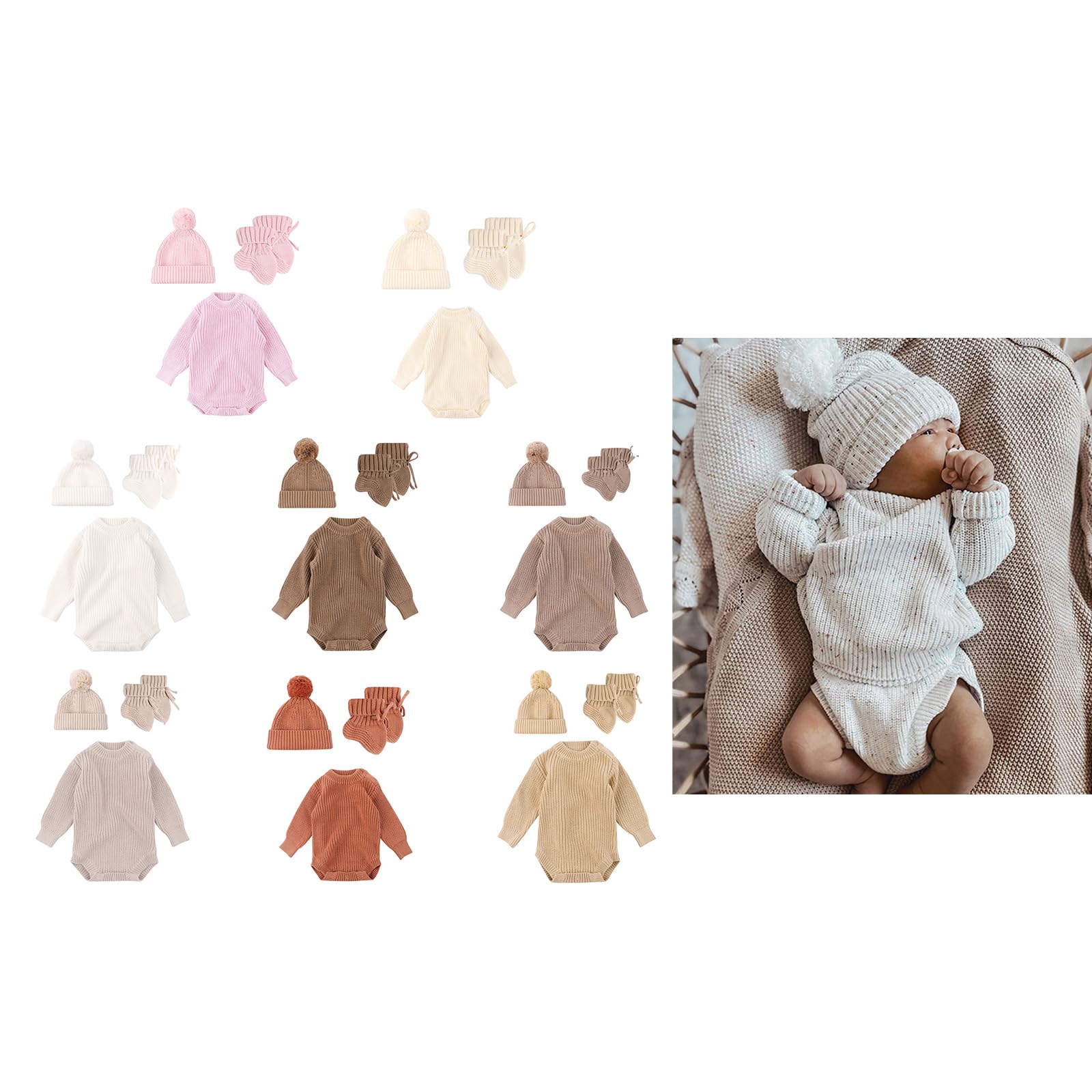 3-teiliges Strick Strampler Set für Neugeborene mit passender Mütze und Socken, weiche und atmungsaktive Outfit Strickware für Babys von 0 bis 6 Monaten, schöne Babymütze und Socken