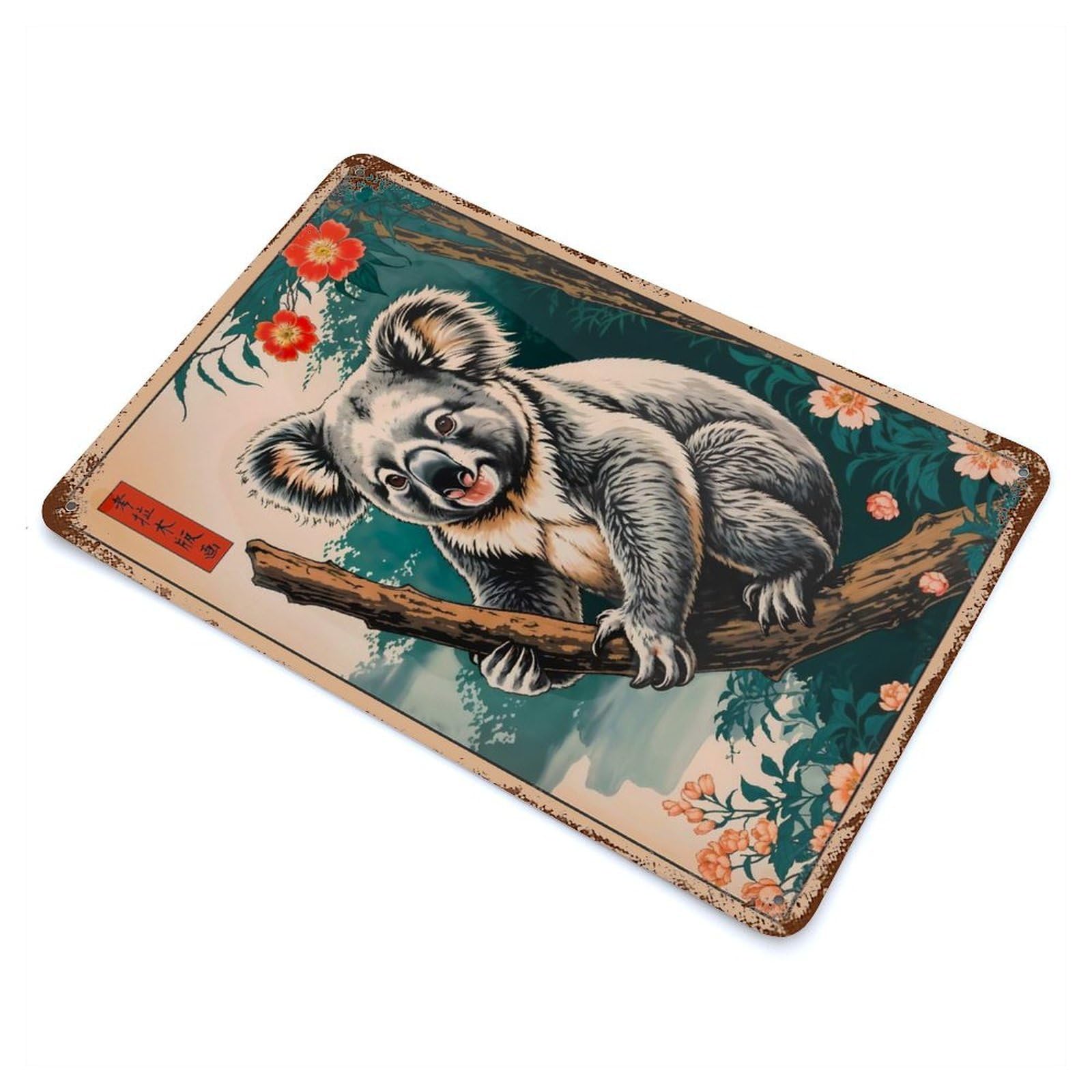 Rust Effect Koala Japanese Art Weathered Tin Sign 11.8"x7.9", Classic Wall Plaque for Living Room, Hallway And Home Decor