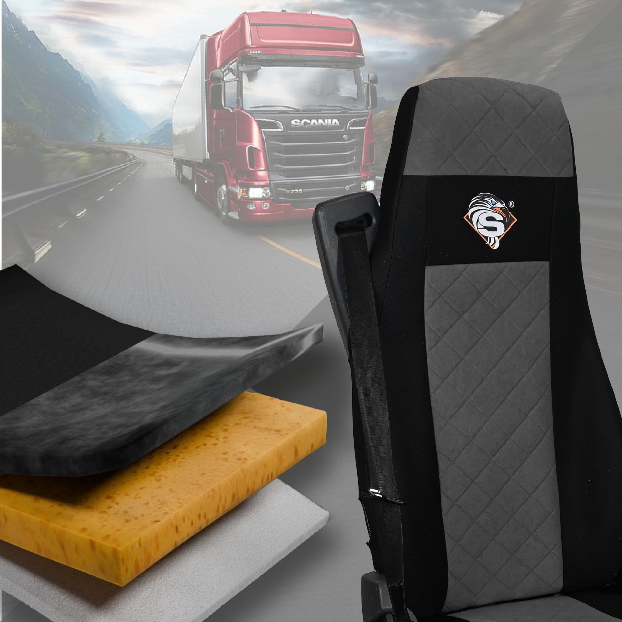 SABA Funda de Asiento para Scania Serie R Desde 2004, 1+1, Asiento del Pasajero, 2 Cinturones de Seguridad, Asiento del Conductor y Pasajero BÁSICO - CONFIGURACIÓN C Gris