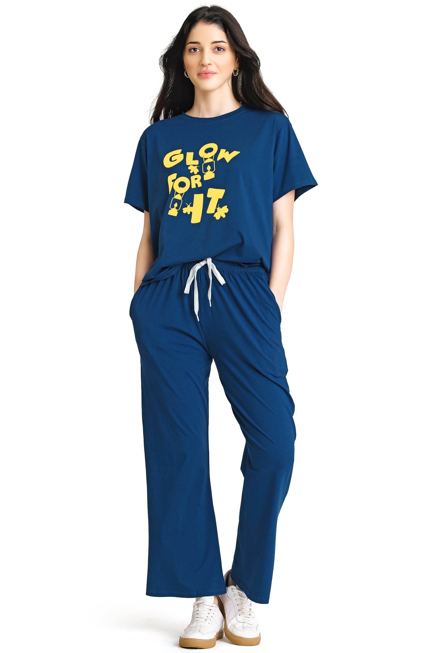 Night Suit for Women's Typography Printed Cotton Night Dress of Top and Wide Bottom Pyjama