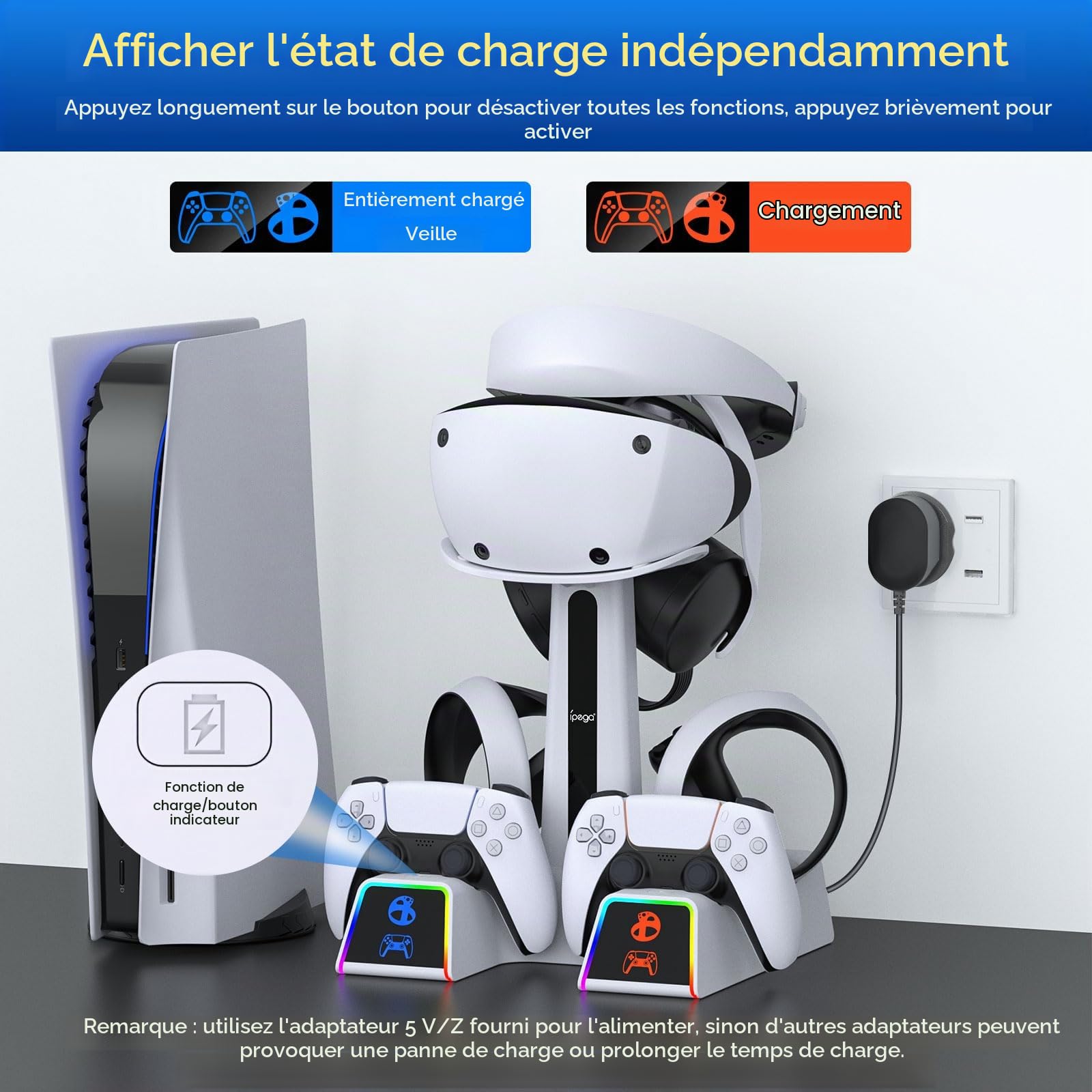 Support PSVR2 avec Accessoires PS VR2 pour Casque PS5VR2 et manettes Dualsense + Station de Recharge VR2 + 10 Modes d'éclairage