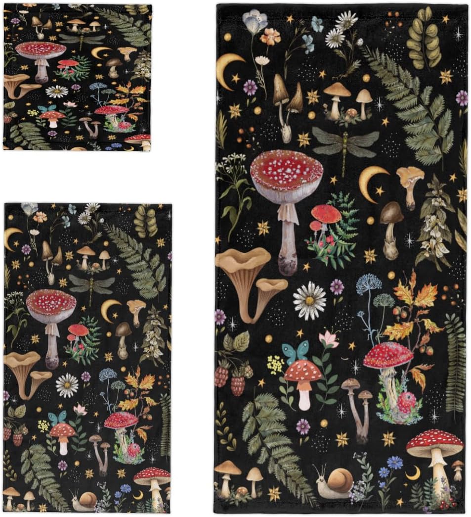 Cotton Mushroom Bath Towel Set - 3 Piece Floral Decorative Towels for Bathroom Quick Drying Absorbent Hand Towels for Shower Kitchen Soft Boho Washcloth Decor, Large Size 60x30 Inch