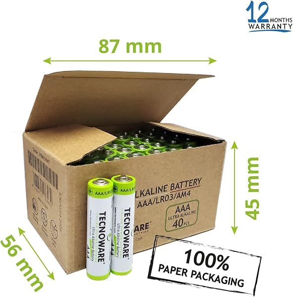 Tecnoware Power Systems - Pilas Alcalinas AAA, paquete de 40, 1,5V, Energía Duradera para Juguetes y Mandos, Protección Antifugas, Ecológicas con Embalaje Reciclable, AAA - 5