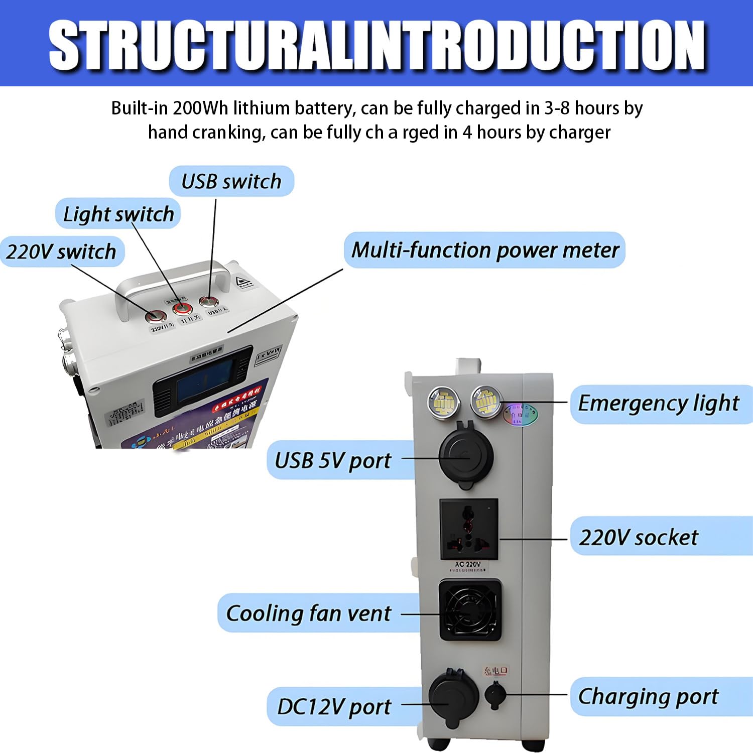 Generatore a manovella da 500 W, generatore a manovella da Campeggio con Prese da 220 V DC12V USB5V, Alimentazione di Emergenza per emergenze, Campeggio, interruzioni di Corrente improvvise