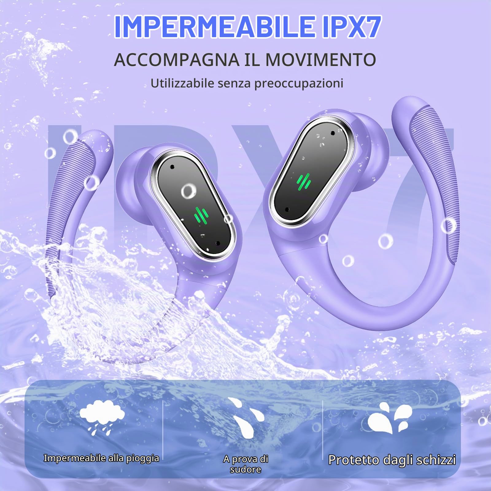 Cuffie Bluetooth Sport, Auricolari Bluetooth 5.4 con 4 ENC Mic, 50 Ore Cuffie Wireless HiFi Stereo, Auricolare Bluetooth senza fili per Running con gancio per le, IP7 impermeabili, Display LED/USB-C