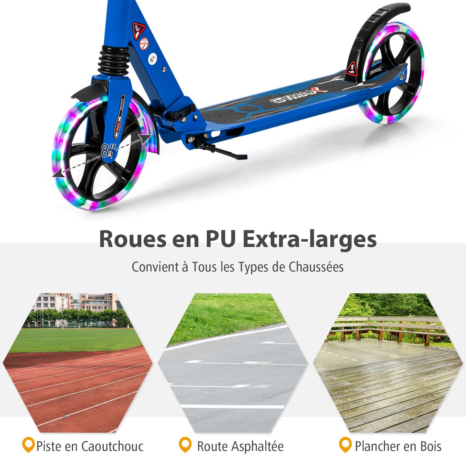 COSTWAY Trottinette Enfant Pliable avec 2 Roues Clignotantes & 3 Hauteurs Réglables, Trottinette Freestyle avec Béquille & Frein à Pied & Sangle, Charge Max 100KG pour Adultes Adolescents, 8 Ans+