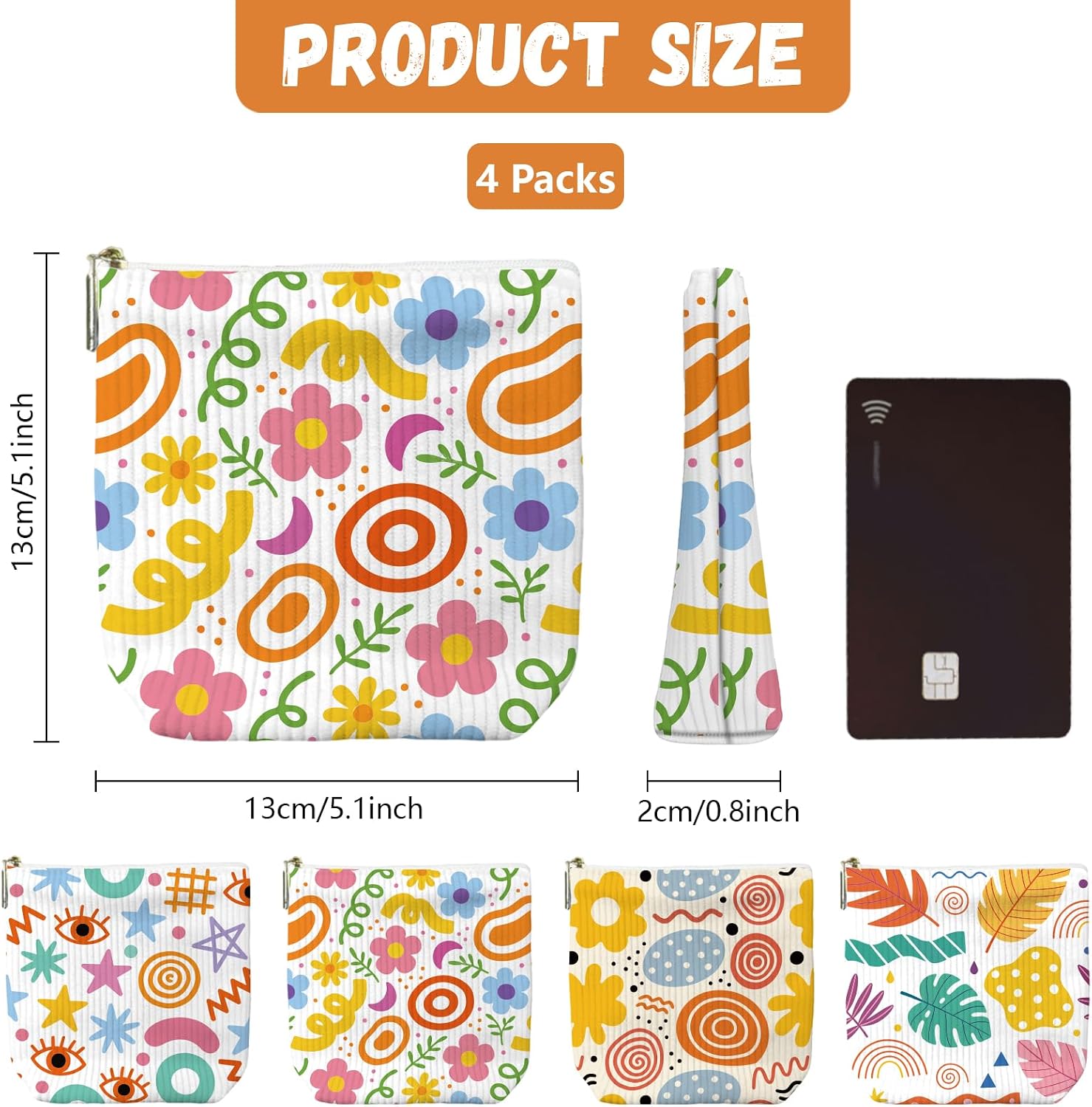 peacoblue Colors Flowers Makeup Bag, Corduroy Pouches for Purse 4PCS image 3