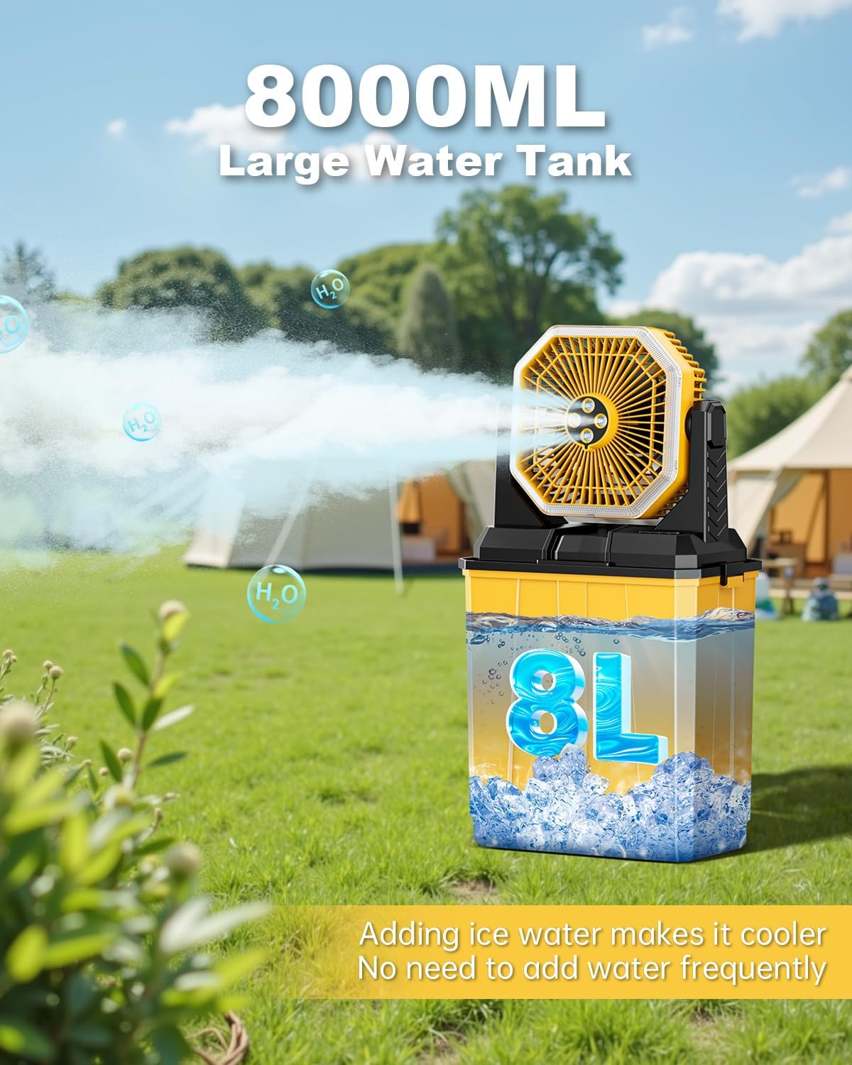 Portable Misting Fan, 24000mAh Rechargeable Outdoor Cooler, Battery Operated Personal Fan with3 Speeds & 8L Bucket for Patio, Camping,Hiking, Backyard, Travel, Desk,Pool, Beach, Yellow