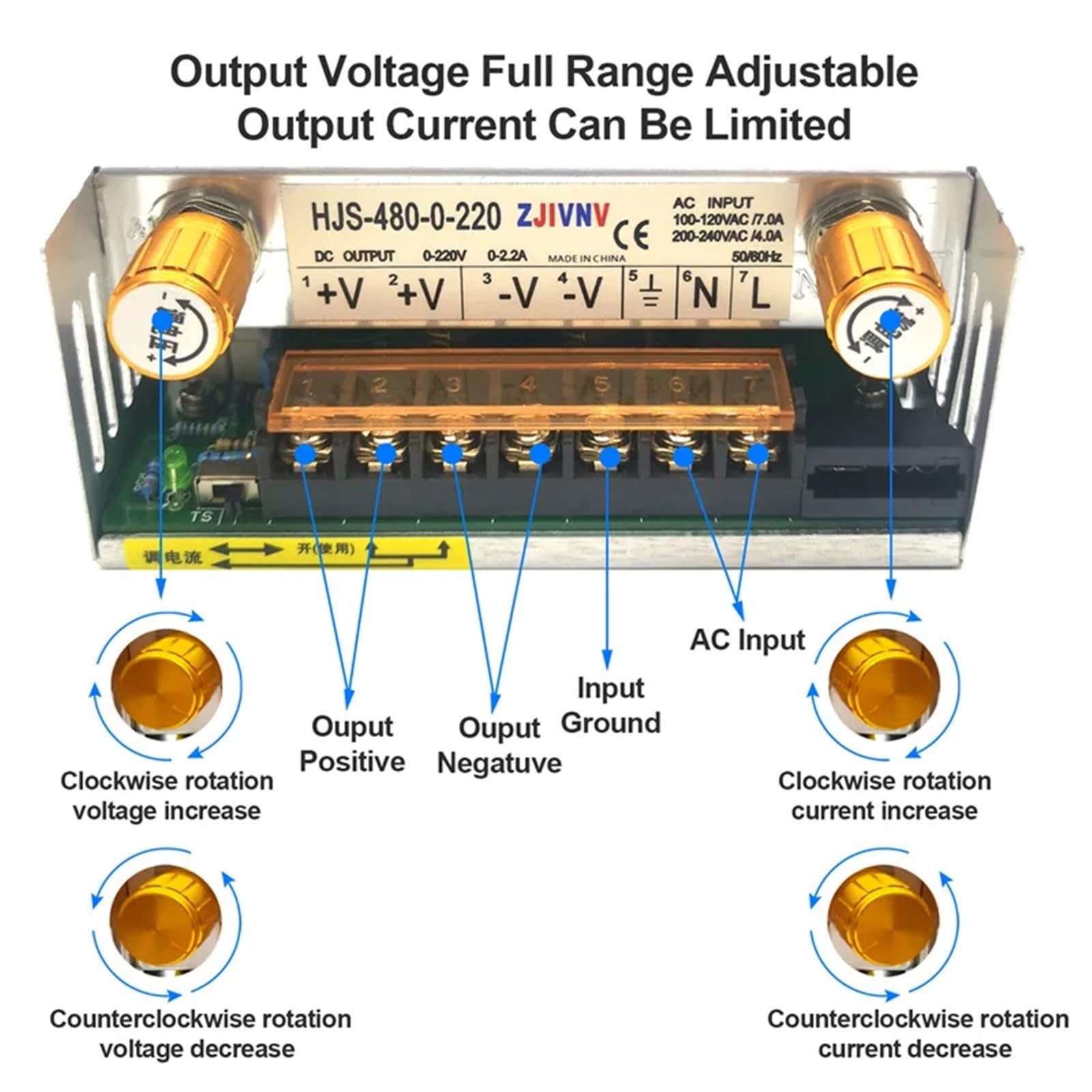 480W switching power supply Adjustable voltage Current limit 0-5v 12v 24V 36V 48V 60v 80V 120v 220v, HJS-480(0-36V 15A)