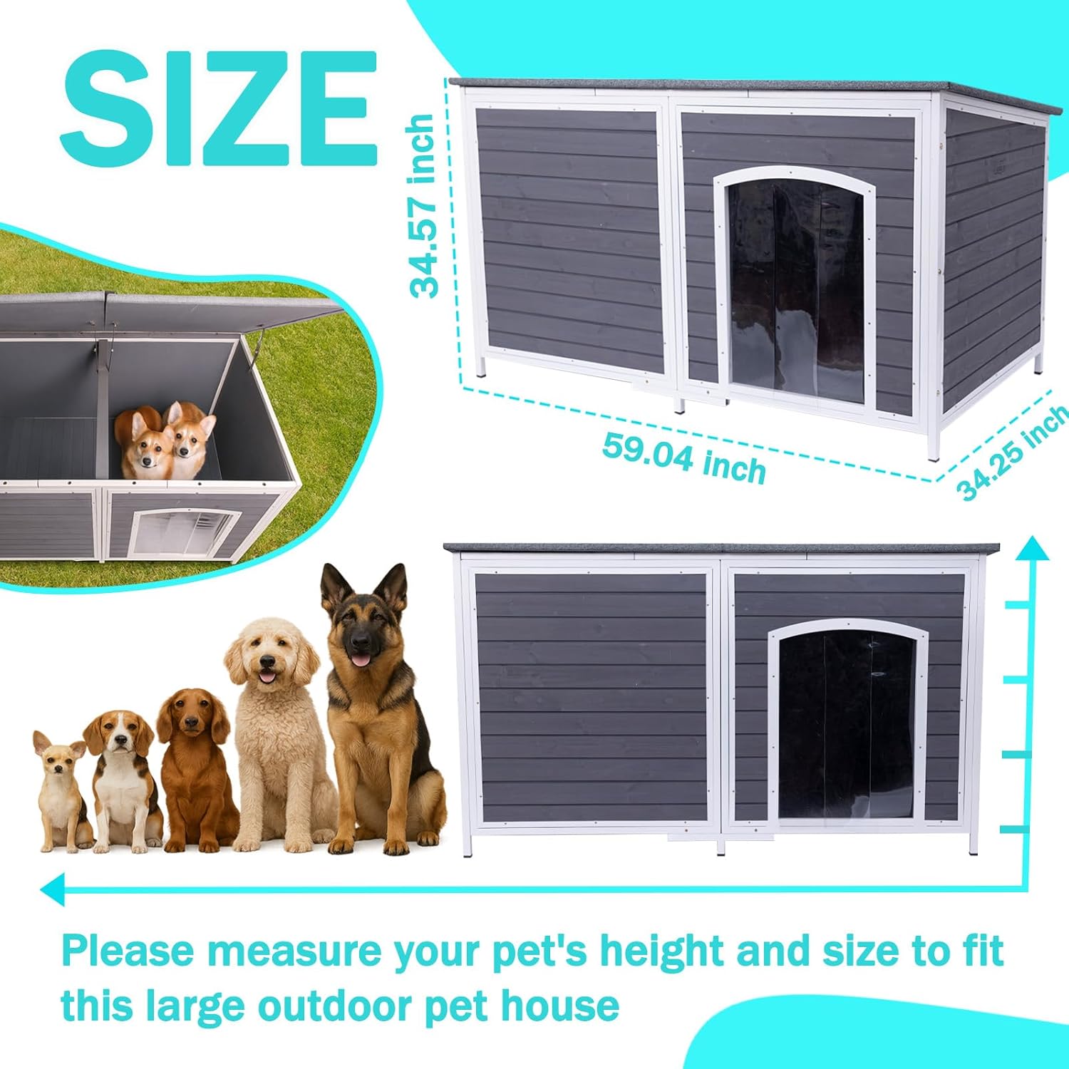 Geguri All-Weather Dog House for Medium to Large Dogs | Weatherproof Asphalt Roof, Chew-Proof Frame, Reinforced Floor Design & Elevated Base, Extra Large (Grey, 59.1" L × 34.3" W × 34.6" H)