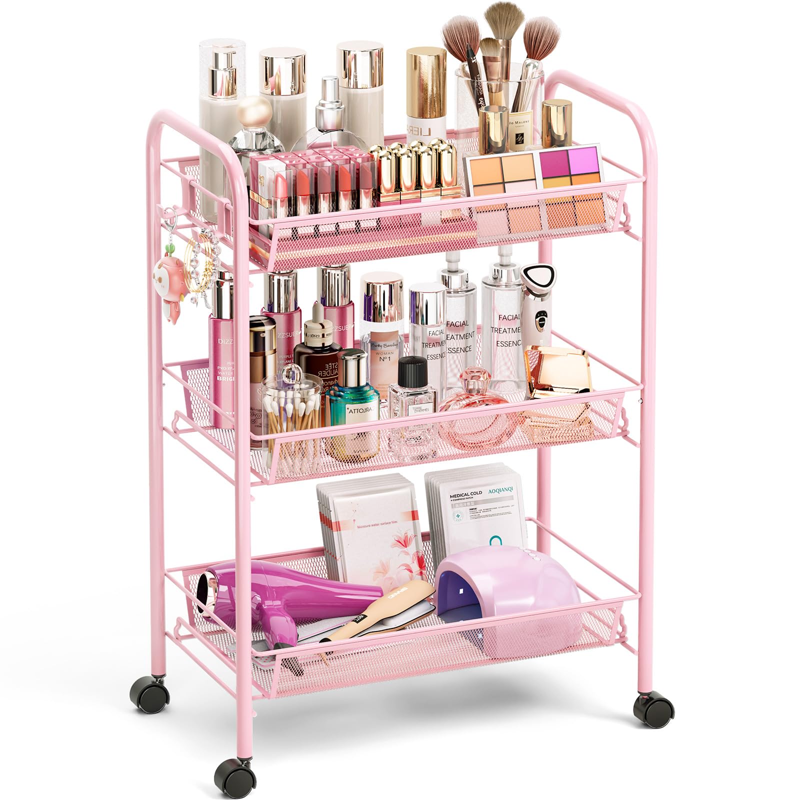 TOOLF 3 Tier Rolling Utility Cart - Durable Metal Design Pink Utility Cart, Storage Trolley on Wheels with 3 Hooks, Perfect for Kitchen, Bathroom & Laundry Room OrganizationGlobal Recycled StandardGlobal Recycled StandardGlobal Recycled Standard