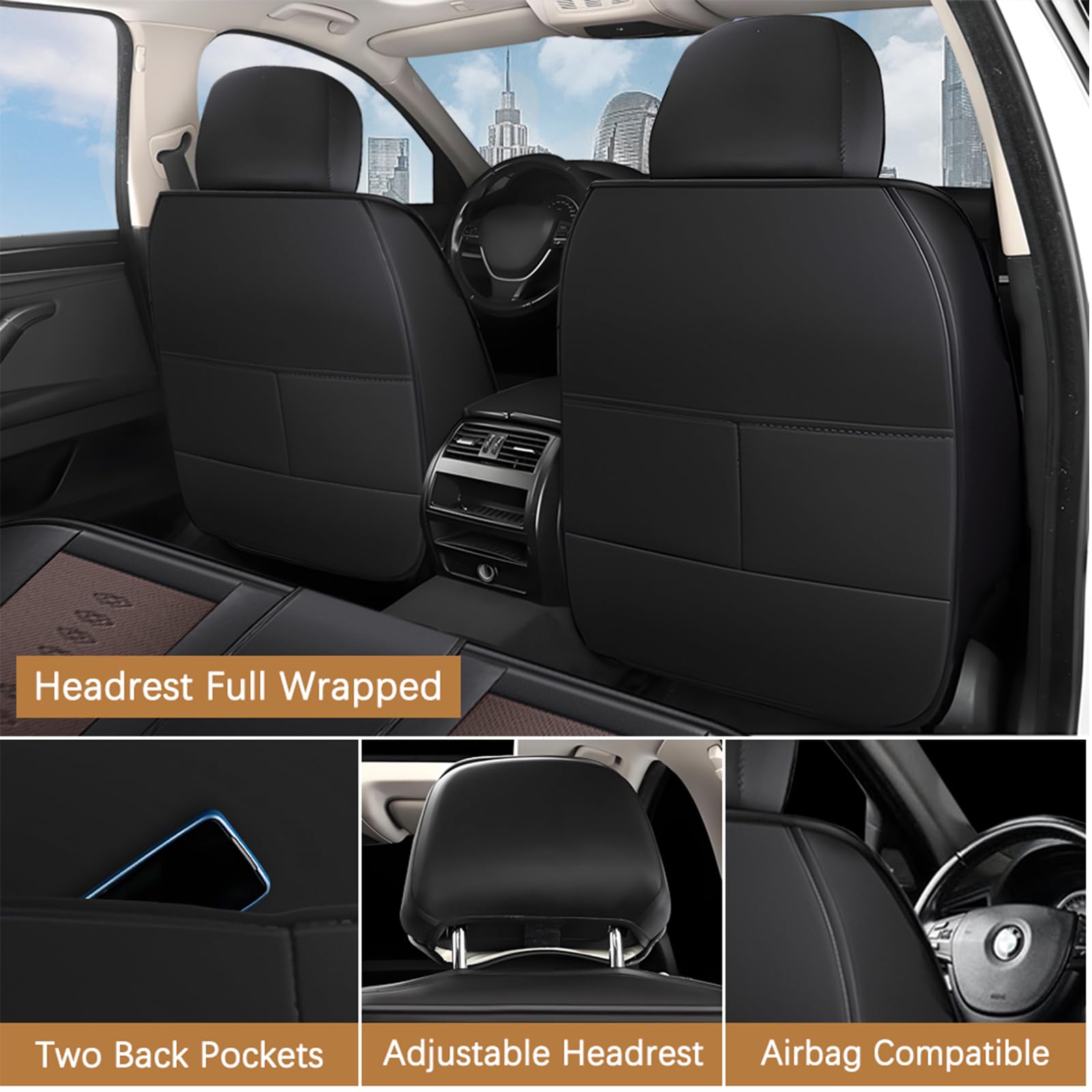 BOJVAIGA Waterproof Leather Seat Covers For Hyundai Kona 2018-2023 - Full Set Brown, Soft & Breathable - View #3