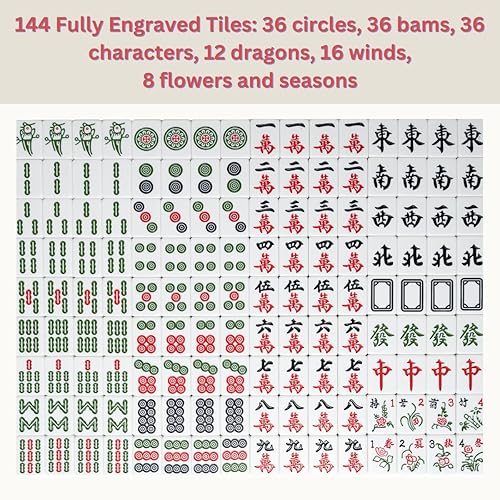 Miniatura 3 de AzulHome Juego de mahjong chino, 144 azulejos grandes de melamina numerados de 1.575 in (1.6 pulgadas) con 4 dados 80 fichas de póquer y una bolsa