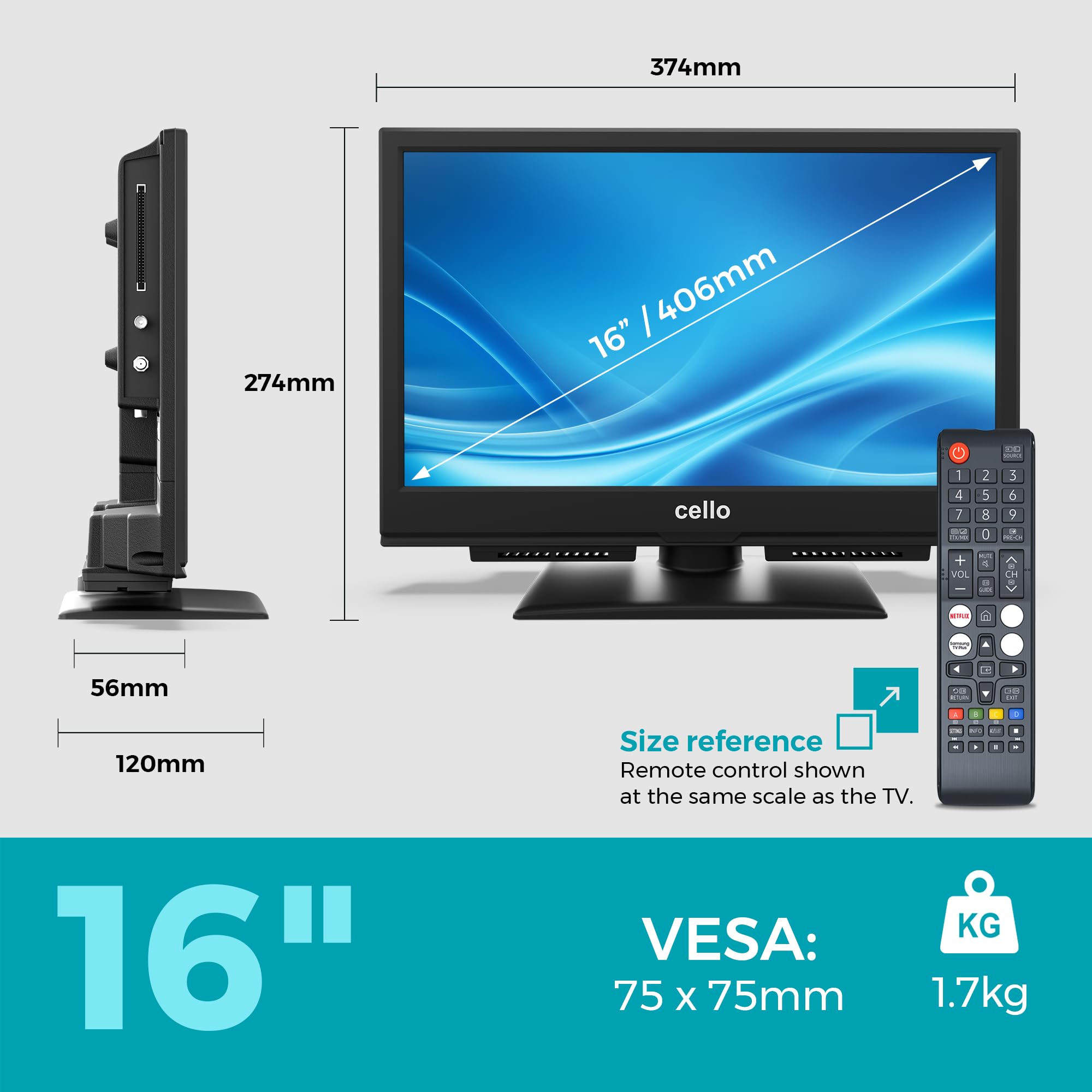 Cello C1626TZH Smart TV 16" con Tizen OS di Samsung, Bluetooth e audio Pitch Perfect, triplo sintonizzatore, TV compatta ideale per cucina, camera e piccoli spazi, alimentazione solo da rete elettrica