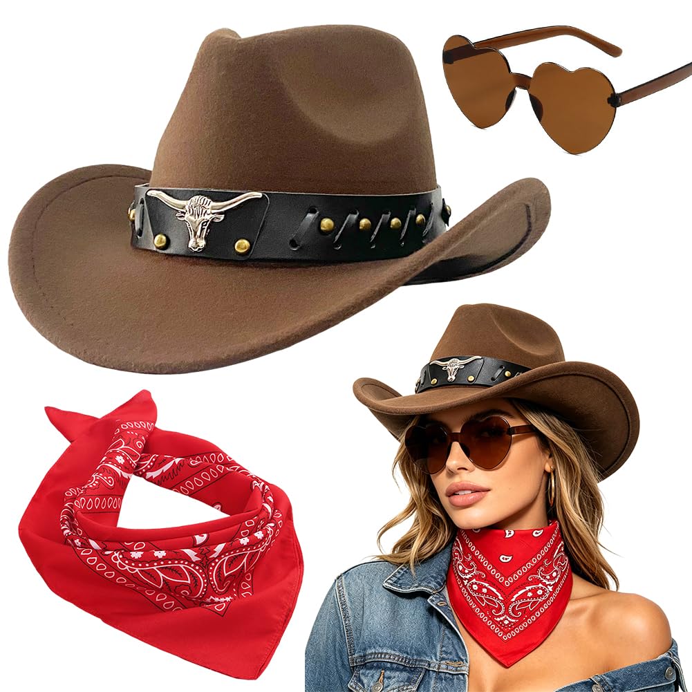 Sombrero Vaquera 3 Piezas Sombrero de Vaquero Accesorios Sombreros Vaquero del Oeste Traje Sombreros Vaquera con Pañuelo Cuadrado y Gafas para Vacaciones Fiestas Temáticas — view 9