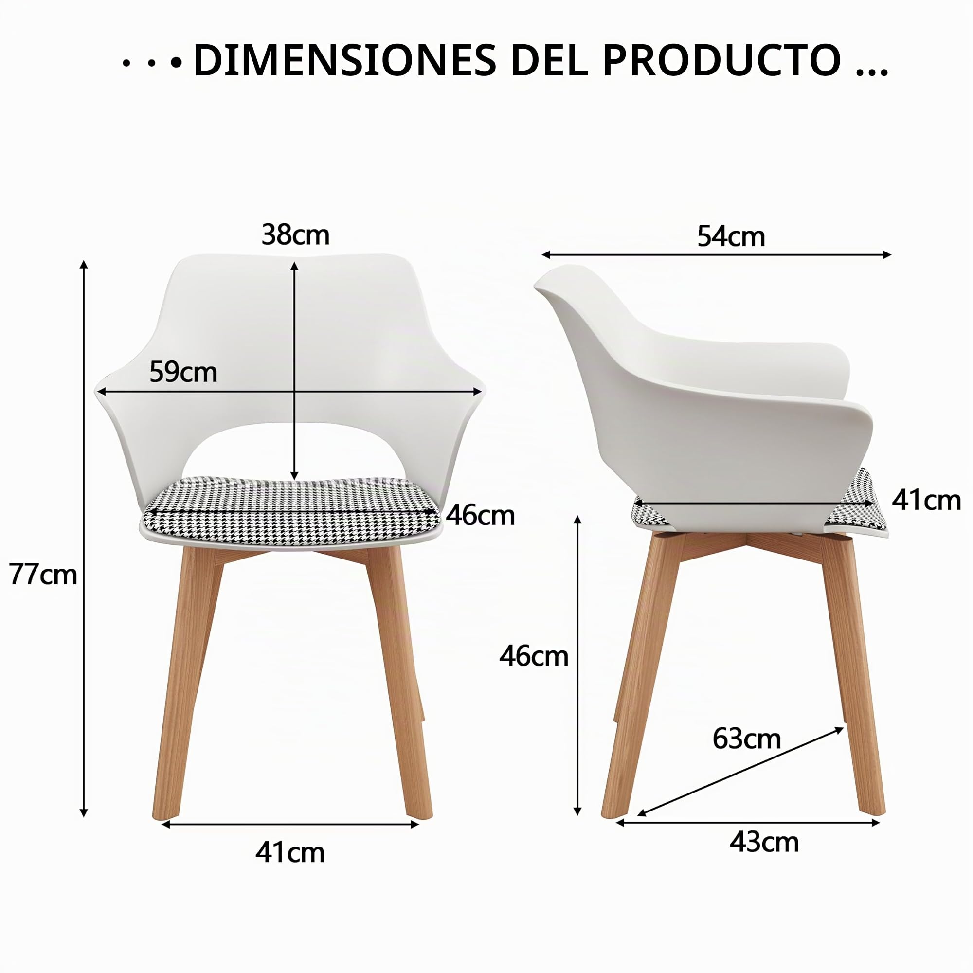 Juego de 4 Sillas de Comedor Escandinavas, Silla de Comedor de Estilo Nórdico con Reposabrazos, Patas de Haya, Silla de Cocina Tapizada a Cuadros de Lino - Blanco+ Rojo + Verde + Azul