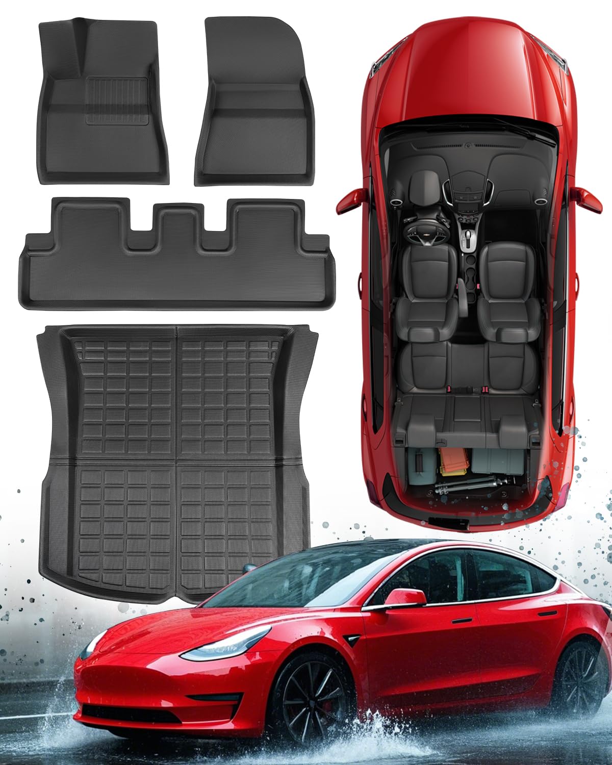 TAPTES Floor Mats Custom-Fit for Tesla Model 3 Highland 2026 2025 2024 | All-Weather Car Set Rubber Carpet | Front Rear Floor Liners Cargo Trunk Tray | Vehice Interior Accessories for Tesla 3 | 4 PCS