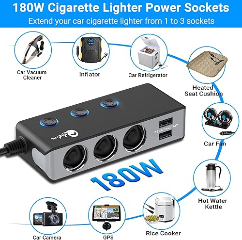 Miniatura 3 de Qidoe - Divisor de encendedor de cigarrillos de carga rápida 3.0, adaptador de encendedor de cigarrillos de 180 W con 4 USB de carga rápida, CC 12