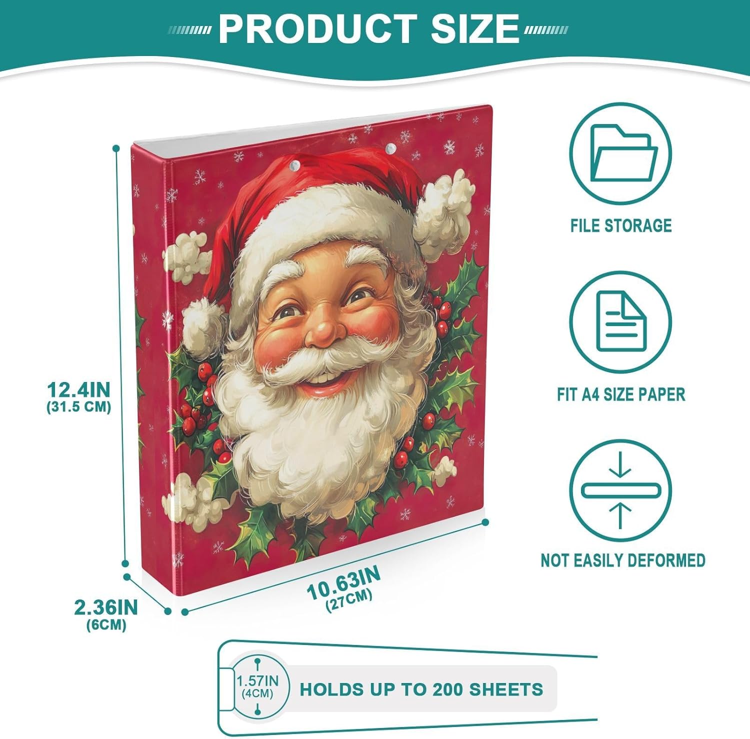 YETTASBIN Christmas Santa Claus 3 Round Ring Binders with 3 Interior PVC Clear Pockets, Waterproof Sturdy Basic Binders with Anti-Slip Metal Clip, Versatile Binders Holds 200 Sheets
