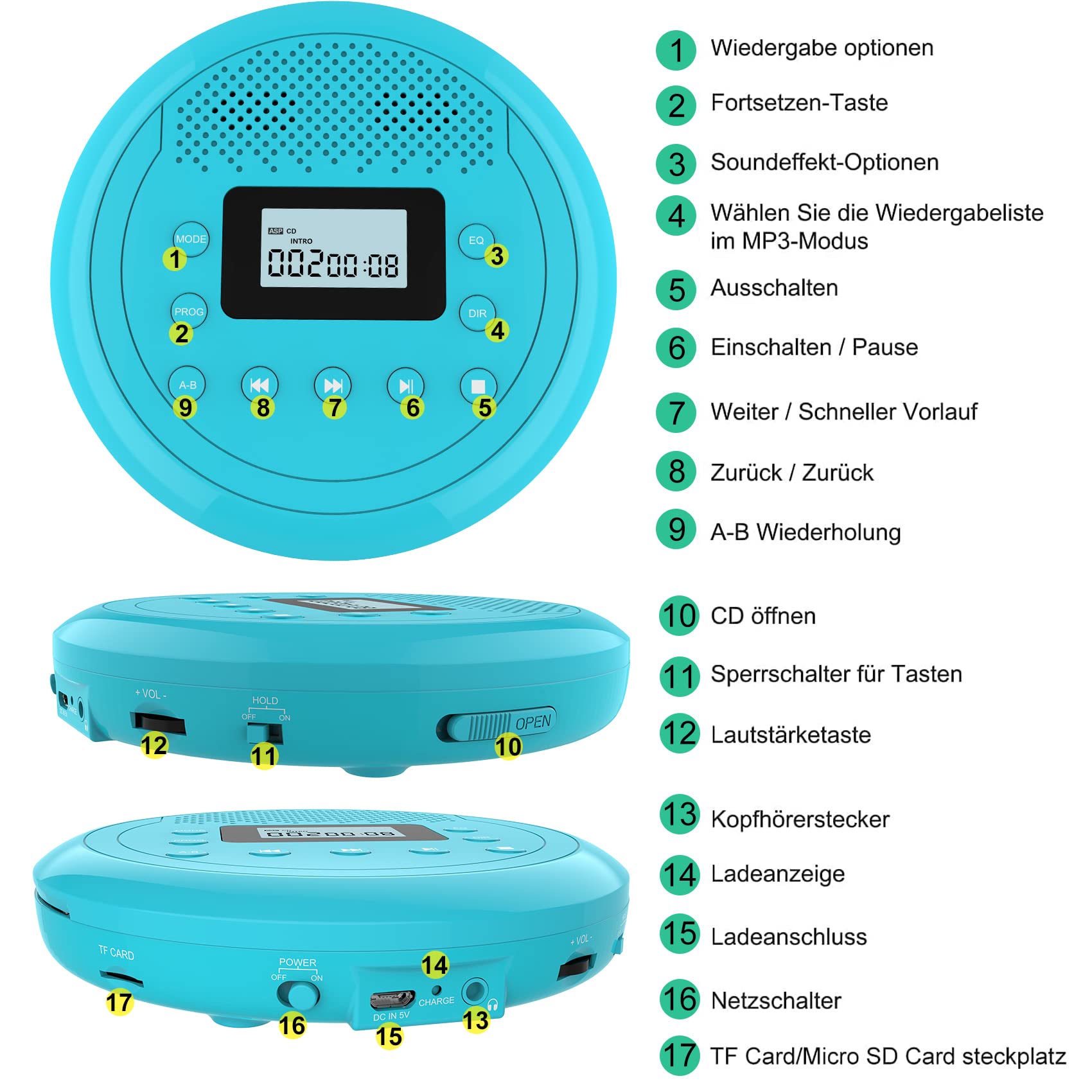 Tragbarer Klein CD Player mit Lautsprecher für Auto Hörbücher Musikhören | Anti-Skip, 1400mAh Akku für 10 Stunden Spielzeit, Unterstützung der TF Card
